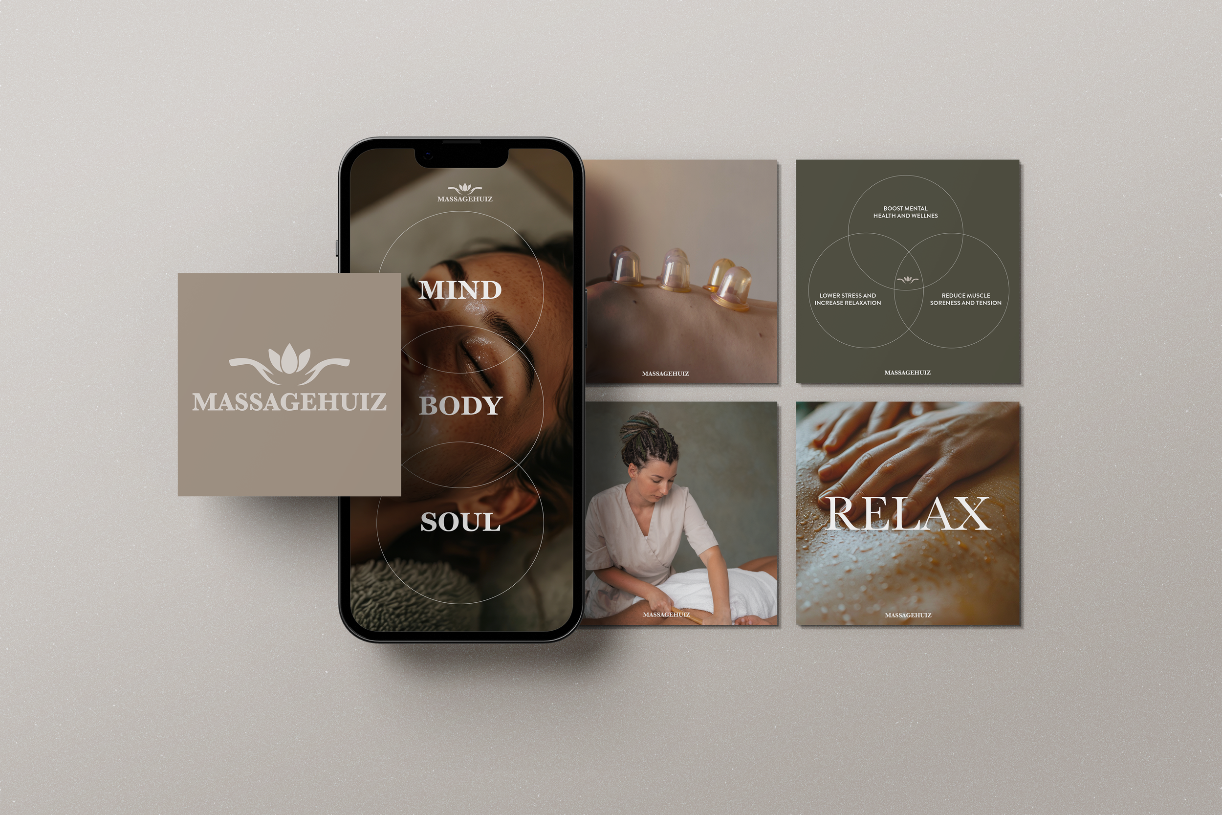 Promotie voor massage- en wellnessdiensten met foto's van een vrouw die masseert en ontspanning bevordert, inclusief woorden als 'MIND', 'BODY', 'SOUL', en 'RELAX'.