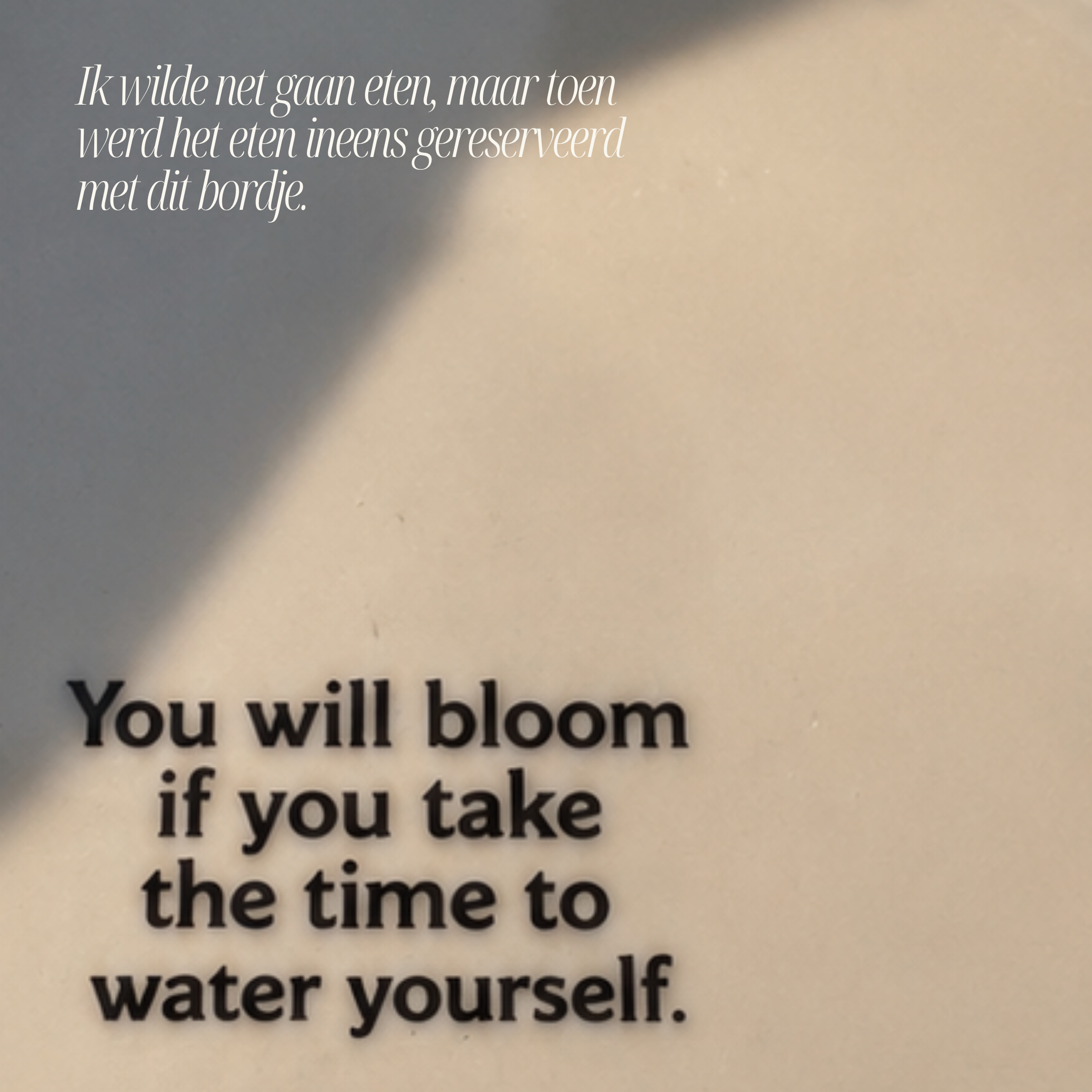 Close-up van een stuk papier met een citaat in zwart en wit: 'Ik wilde net gaan eten, maar toen werd het eten ineens gereserveerd met dit bordje. You will bloom if you take the time to water yourself.'