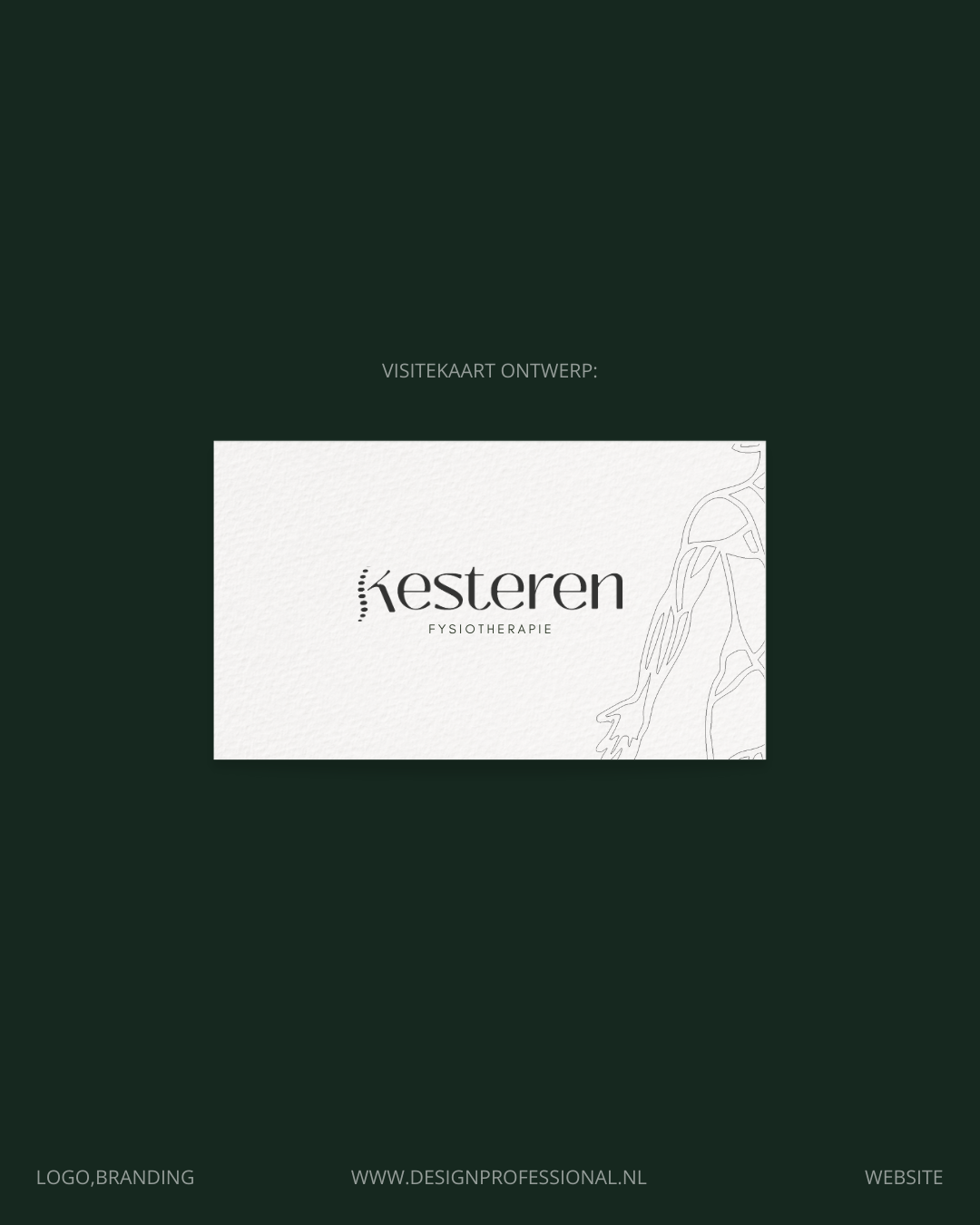Visitekaartje voor fysiotherapie praktijk Kesteren met een witte achtergrond en een lijntekening van een arm en een hand aan de rechterkant.