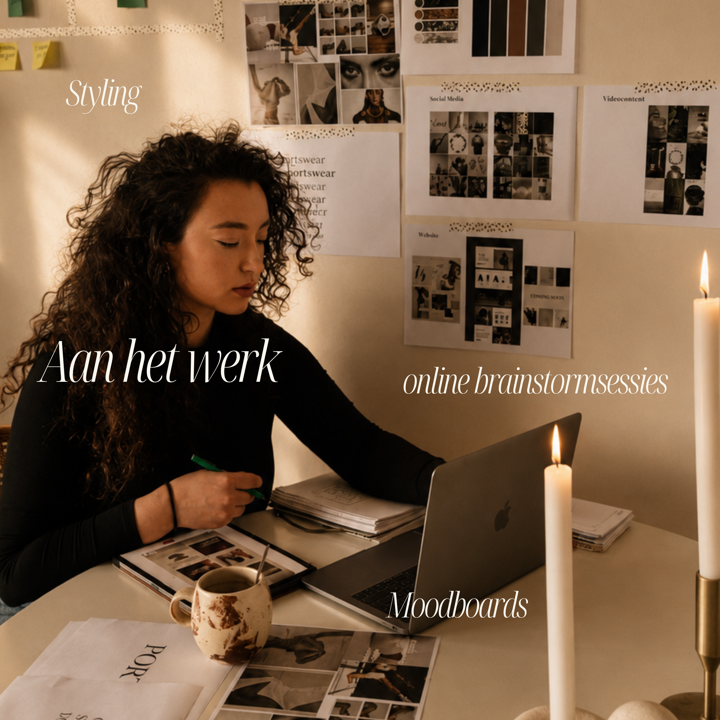 Een vrouw met gekrulde haar die online moodboards aan het maken is, met foto's en knipsels op de muur, een kopje koffie en een laptop op tafel.