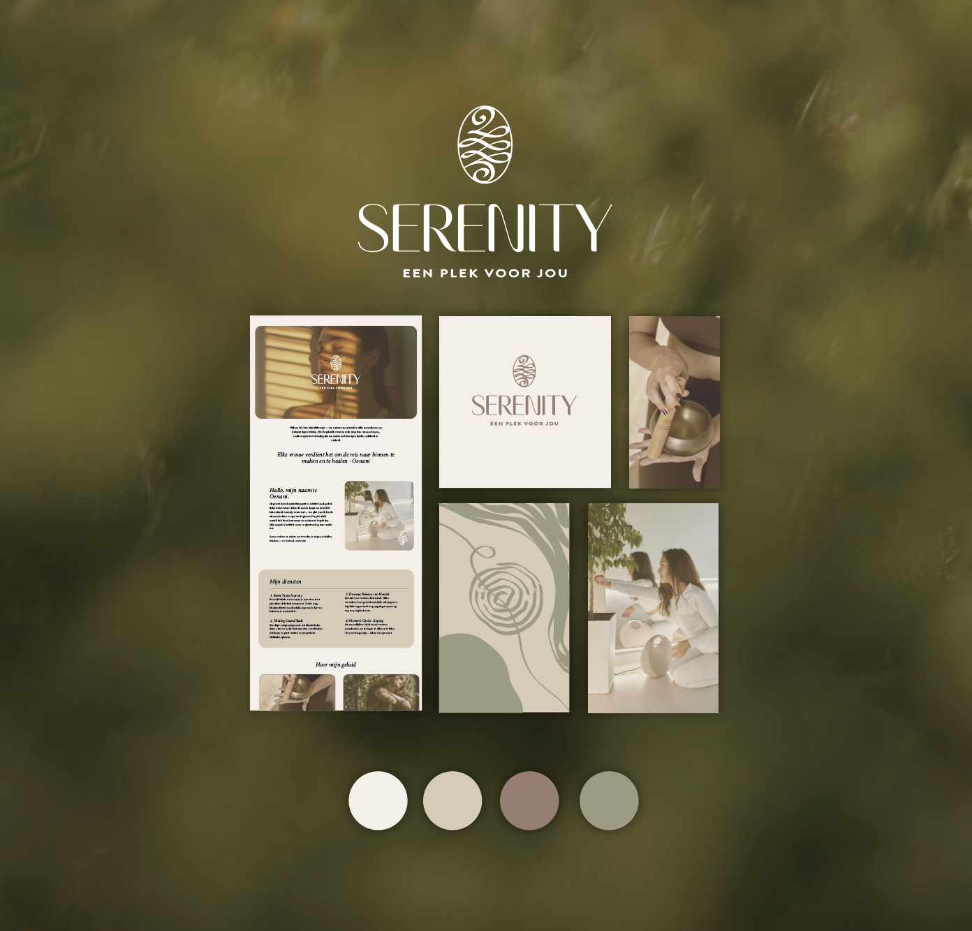 Een collage met logo en promotiemateriaal voor Serenity, een wellness centrum, inclusief foto's van mensen die rustgevende activiteiten doen, en kleuren die aardse tinten vertegenwoordigen.
