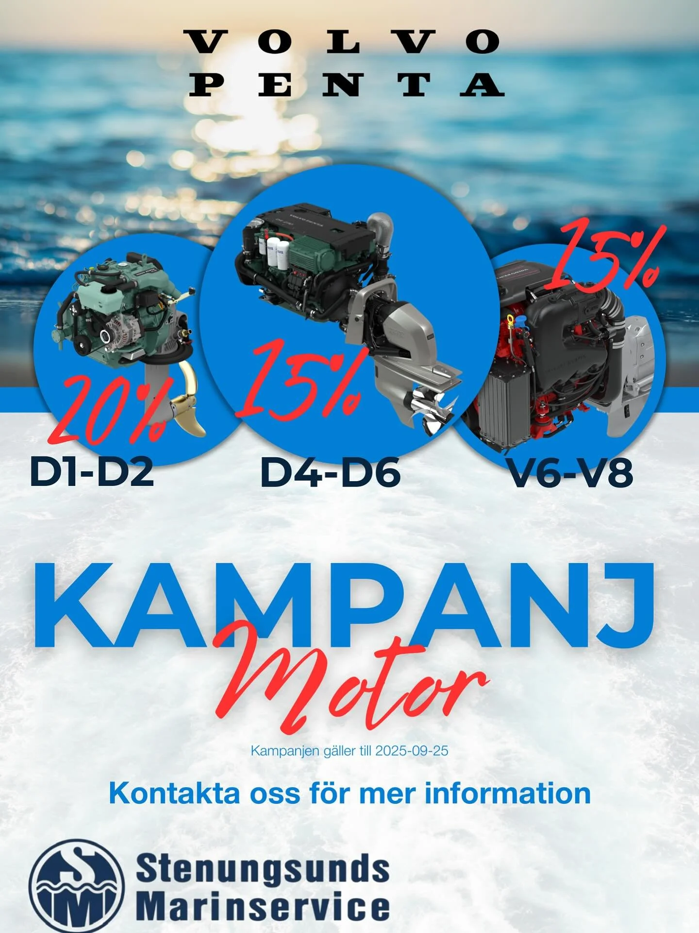 ⚓️🚤 Kampanj hos Stenungsunds Marinservice 
Just nu har vi riktigt fina erbjudanden p&aring; Volvo Penta D1&ndash;D2, D4&ndash;D6 samt V6&ndash;V8. Perfekt tillf&auml;lle att ge din b&aring;t den kraft och trygghet den f&ouml;rtj&auml;nar inf&ouml;r 