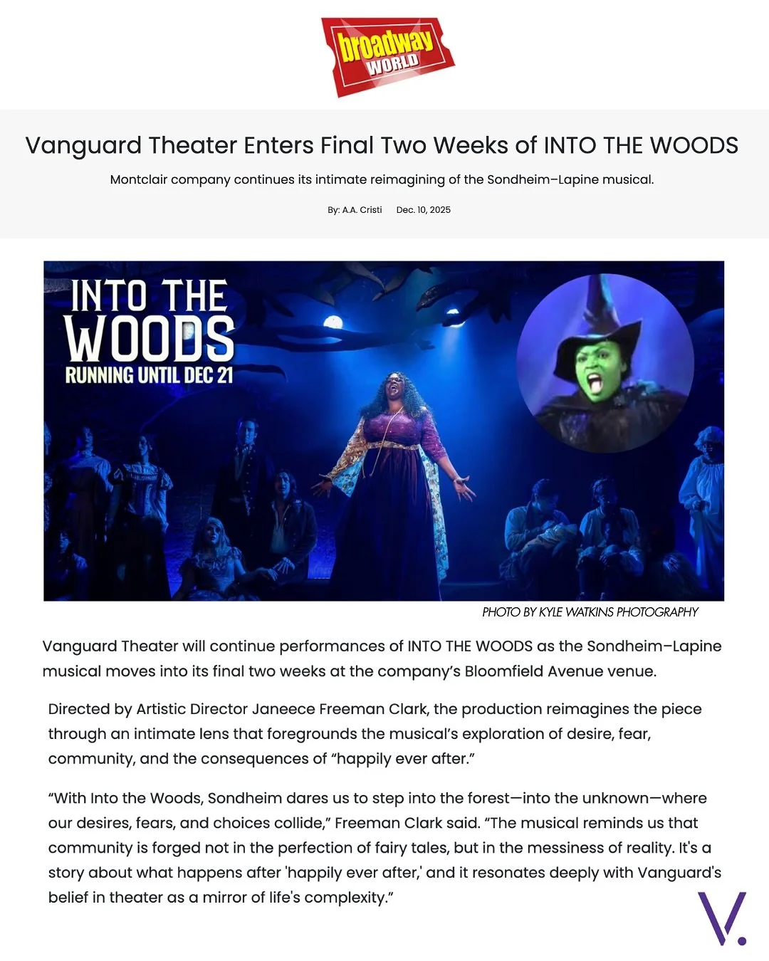We&rsquo;ve officially entered the final two weeks of Into the Woods! 🌲✨

Read more on @officialbroadwayworld and then come experience the magic live at Vanguard Theater!

We hope to see you at our 8PM show tonight &mdash; and with only a few dates 