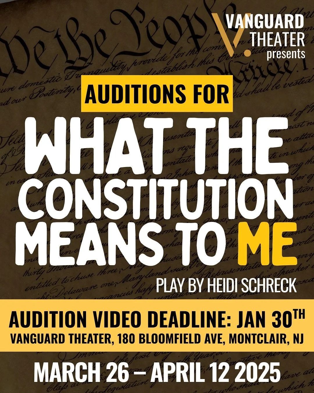 AUDITION ALERT!

Vanguard Theater is now accepting submissions for our upcoming paid, professional production of
What the Constitution Means to Me.

Seeking all roles.
📅 Rehearsals begin March 2026 with performances running March&ndash;April 2026.

