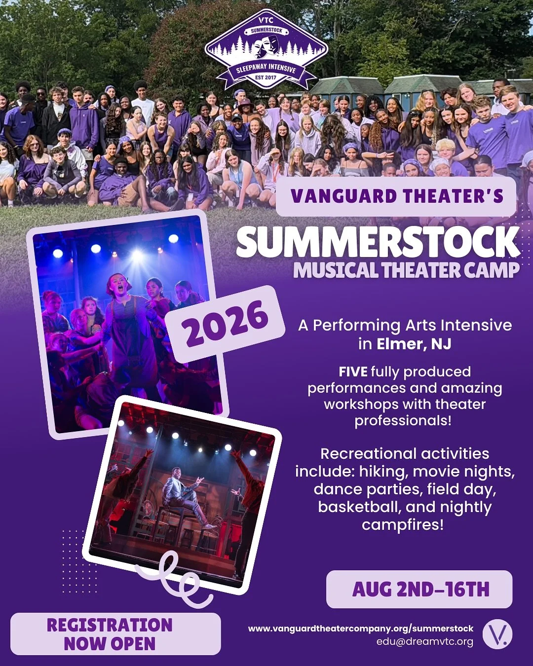 Vanguard Theater&rsquo;s Summerstock Sleepaway Intensive is filling up fast, with only a few spots remaining for this summer!

This two-week experience combines professional musical theater training in singing, dancing, and acting with the fun, struc
