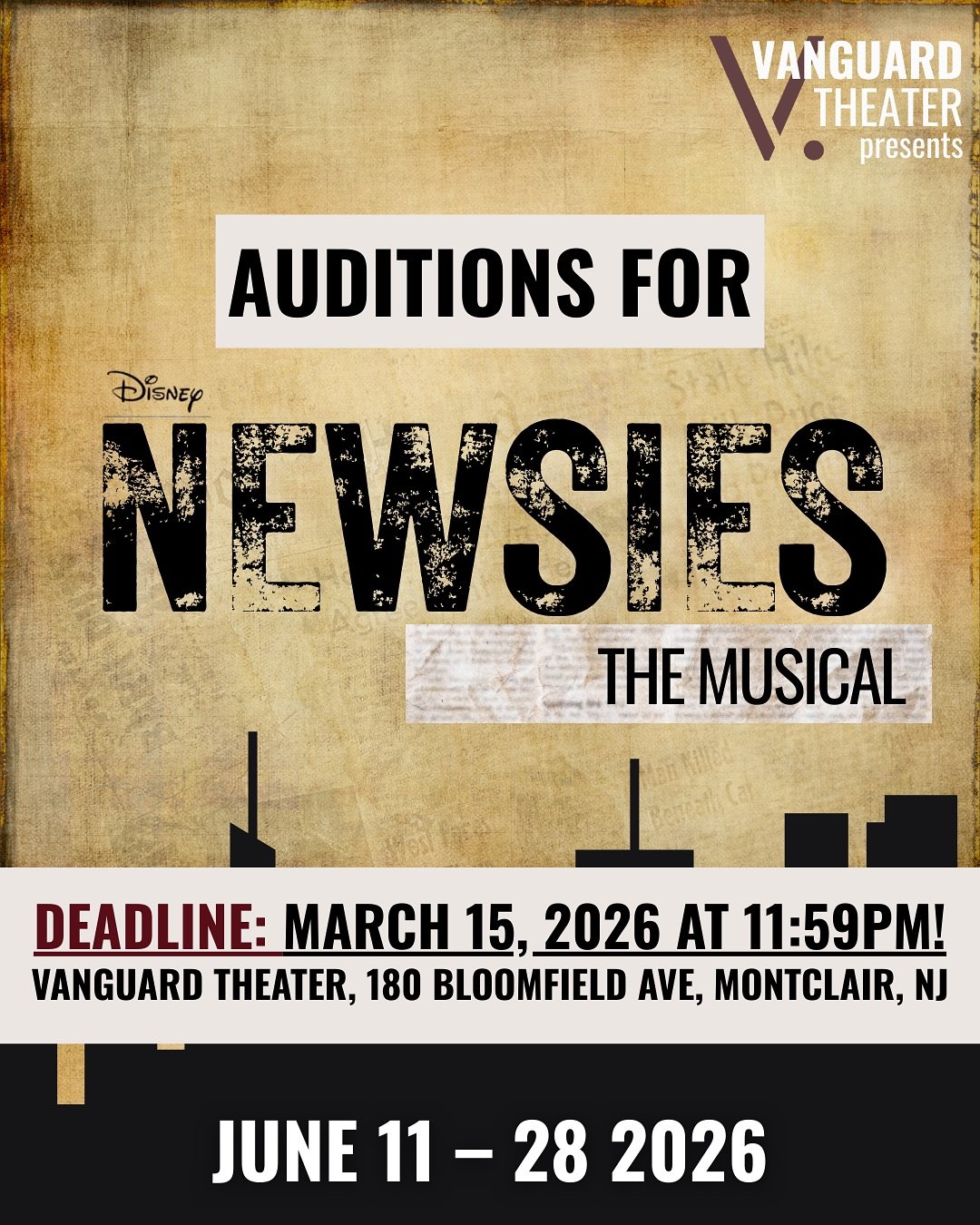 AUDITION ALERT! 

Auditions are OPEN for our production of Newsies at Vanguard Theater!
We&rsquo;re casting our next MainStage production, the high-energy musical inspired by the true story of young newsboys who stood up and made history.

PAID &ndas