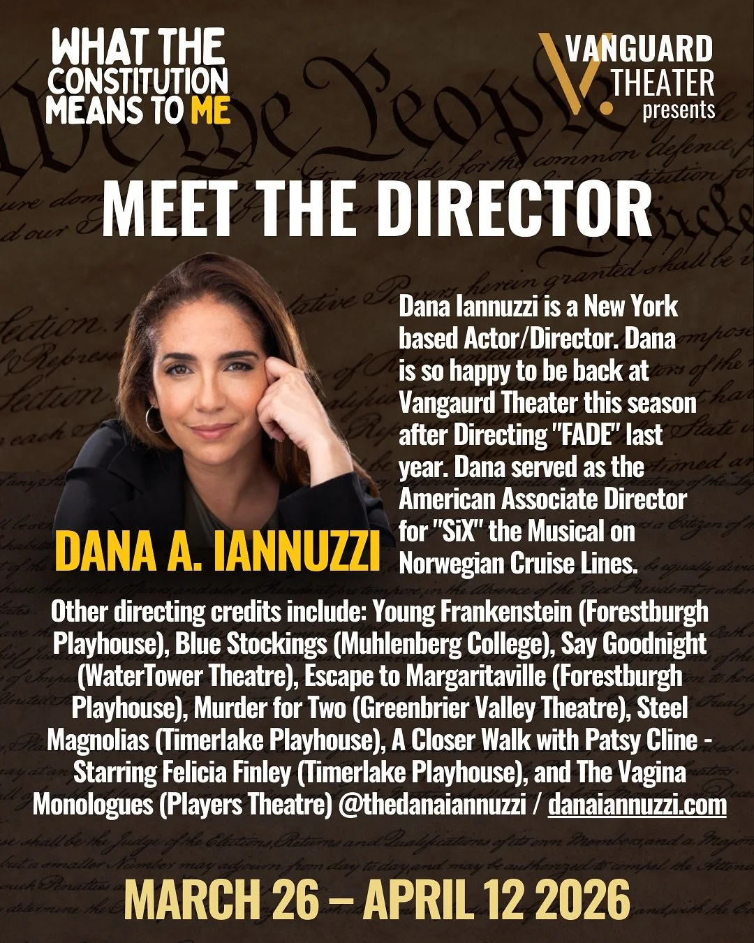 We&rsquo;re so excited to welcome director @thedanaiannuzzi back to Vanguard Theater!

Dana previously directed our production of Fade last season, and we&rsquo;re grateful to have her return to lead What the Constitution Means to Me. She brings such