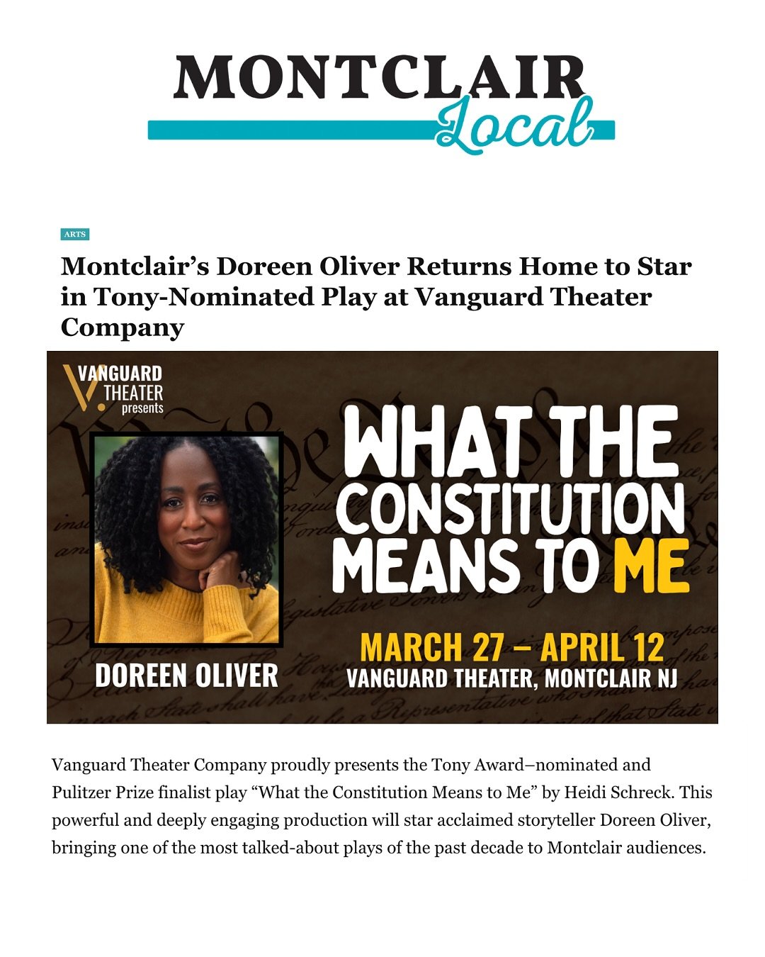 Montclair&rsquo;s own Doreen Oliver is taking on one of the most powerful plays of our time, right in the heart of Montclair.

Read more on @montclairlocalnews then come see "What the Constitution Means to Me" at Vanguard Theater from March