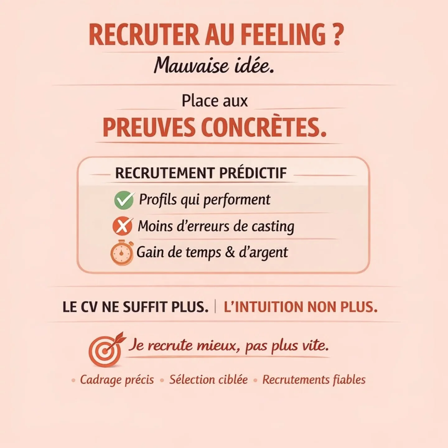 Et si on arr&ecirc;tait enfin de recruter &ldquo;au feeling&rdquo; ?

Aujourd&rsquo;hui, les entreprises qui performent ne choisissent plus leurs talents uniquement sur un CV ou une impression en entretien.

Elles s&rsquo;appuient sur des donn&eacute