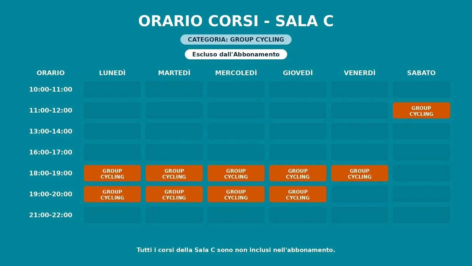 Orario delle lezioni di ciclismo di gruppo nella sala C con corsi programmati dal lunedì al sabato, inclusi due corsi il sabato. Le lezioni sono indicate in orari dalle 18:00 alle 20:00, tranne il sabato che sono anche alle 11:00 e 17:00. Le lezioni sono tutte di fitness di gruppo in bicicletta.