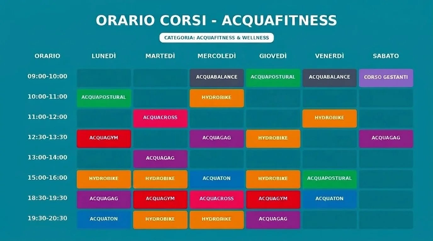 Orario dettagliato dei corsi di acquafitness e wellness settimanali con giorni, orari e nomi delle attività, evidenziato in diverse caselle colorate