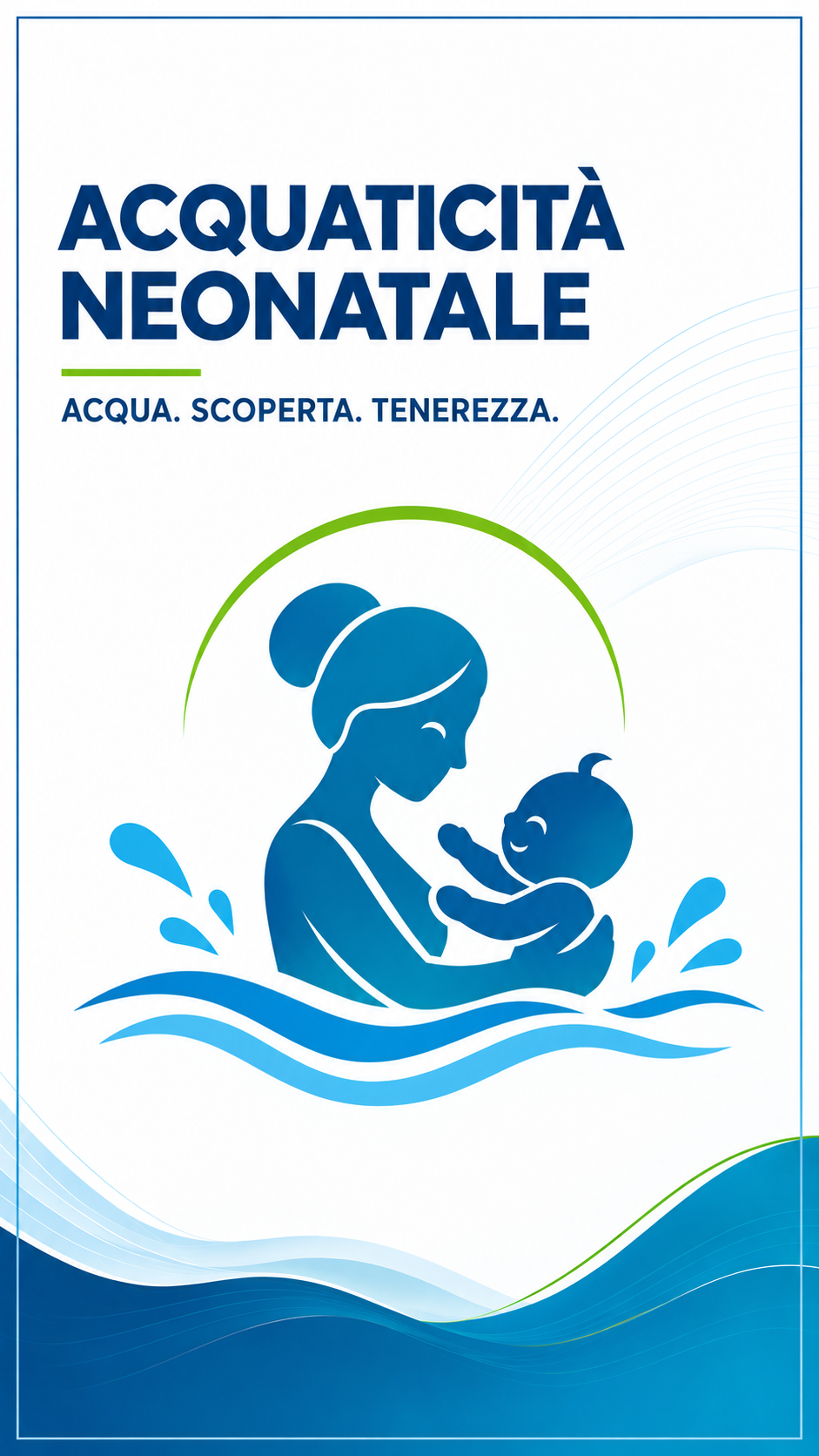 Illustrazione di una madre con un bambino neonatale in acqua, simbolo di acqua e tenerezza, in riferimento all'acquaticità neonatale.