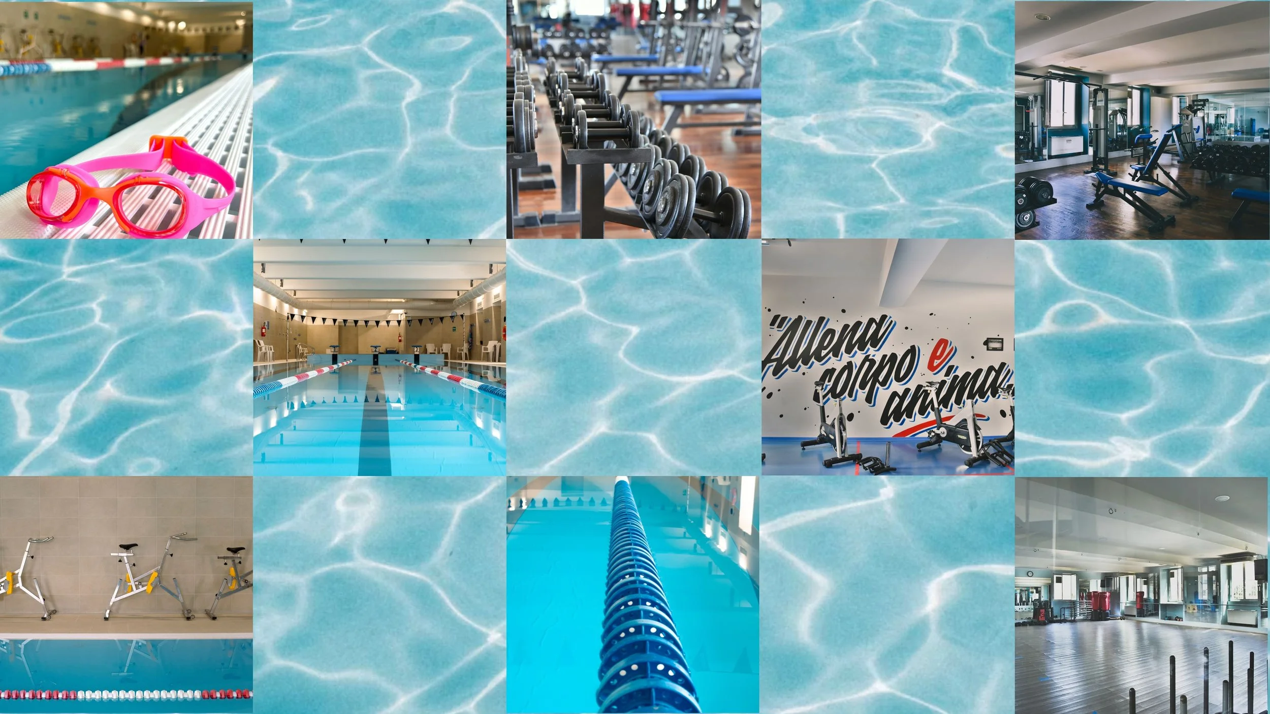 Immagini di una piscina coperta, una palestra con attrezzature e una sala di allenamento, tutte con tema di sport e fitness.