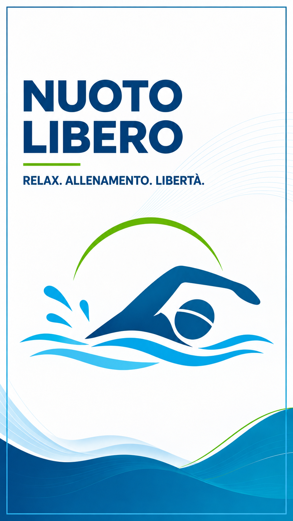 Cartellone pubblicitario con un'illustrazione di una persona che nuota, il testo 'Nuoto Libero' e la frase 'Relax. Allenamento. Libertà.'
