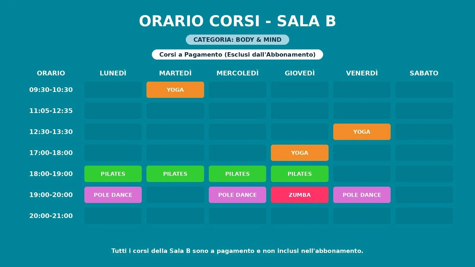 Orario dei corsi nella Sala B, con le classi di Body & Mind, tra cui yoga, pilates, pole dance e zumba, organizzate per giorni e orari.
