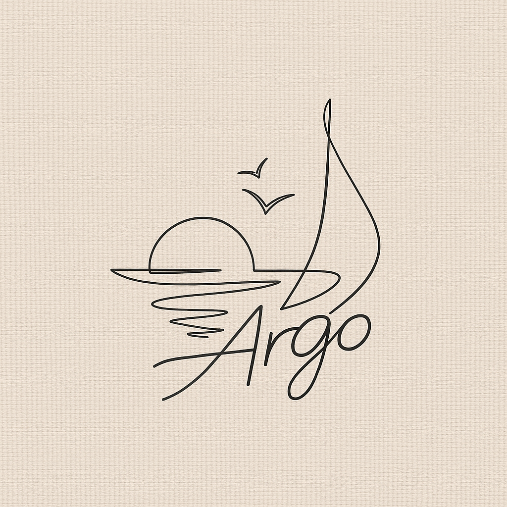 Minimalist line art illustration of a sailboat on water with a setting sun, two birds flying, and the word "Argo" written underneath.