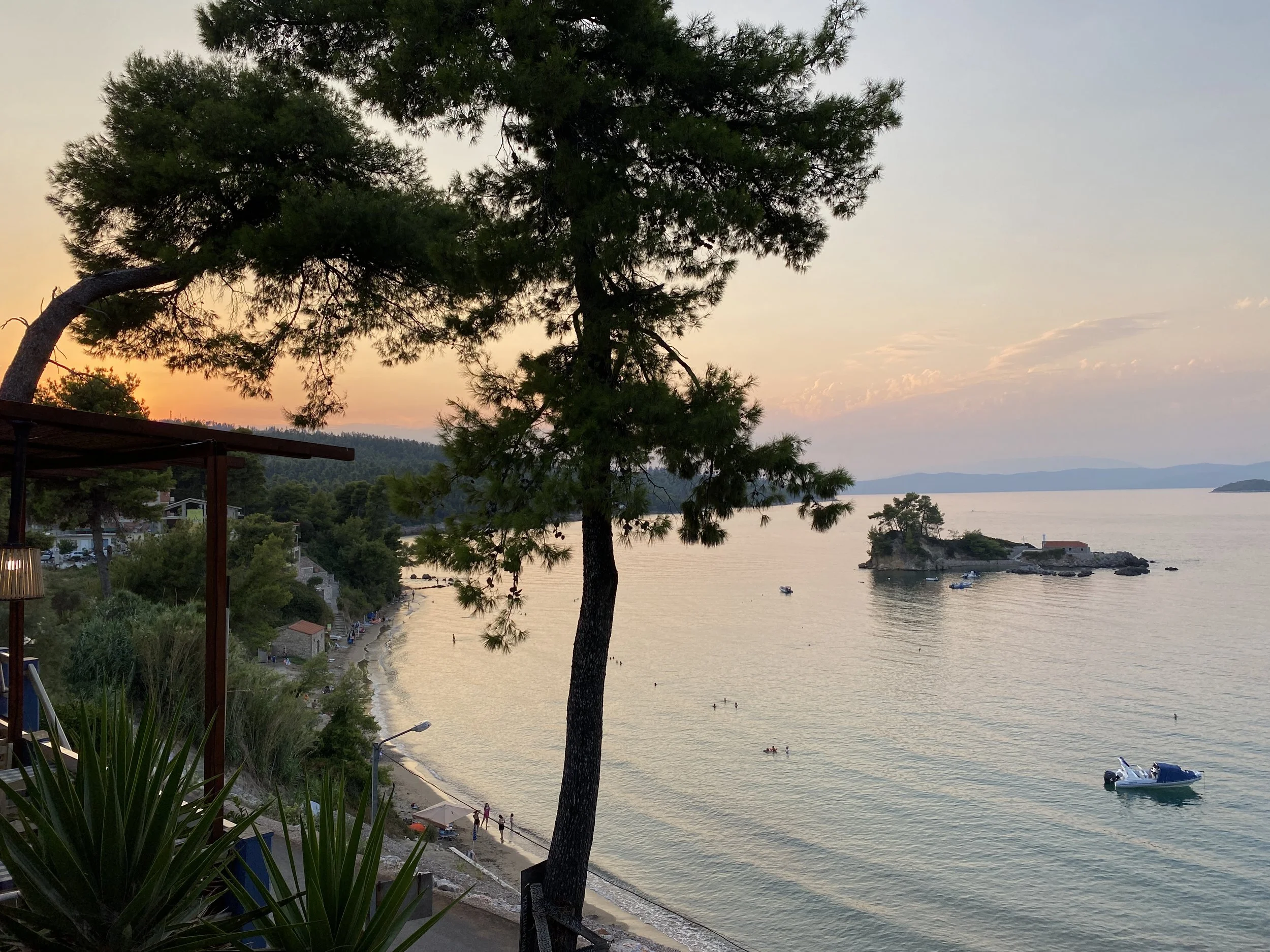 A scenic sunset or dusk view overlooking a beach with boats, houses on the hillside, and a large tree in the foreground, with calm water and distant islands or landmasses.