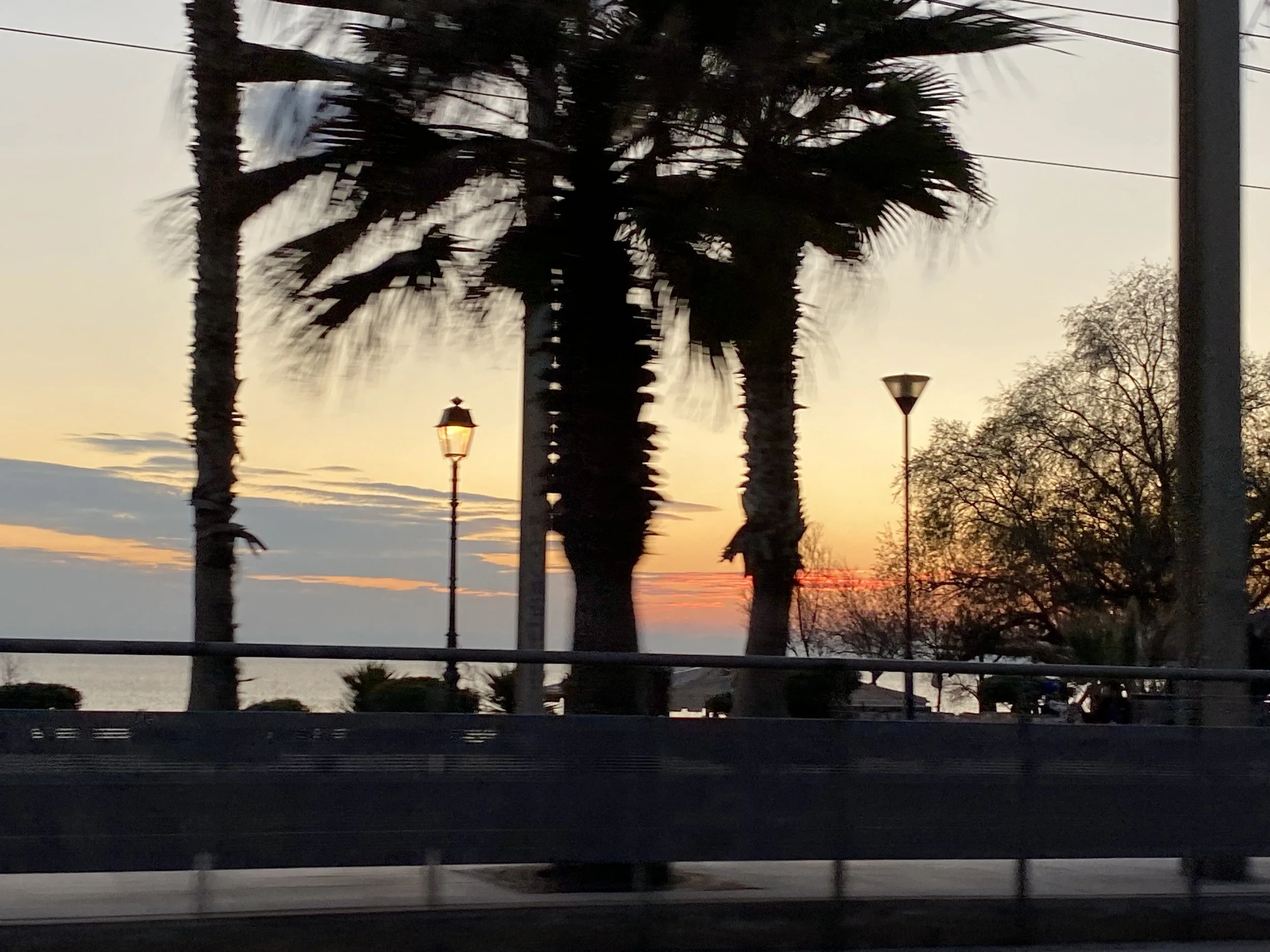 Palm trees and street lamps at sunset near a body of water, viewed through a window with a dark railing in the foreground.