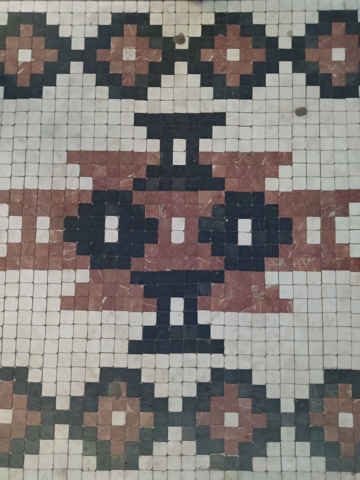 Mosaic tile floor with a symmetrical floral pattern in black, white, and pinkish-red tiles.