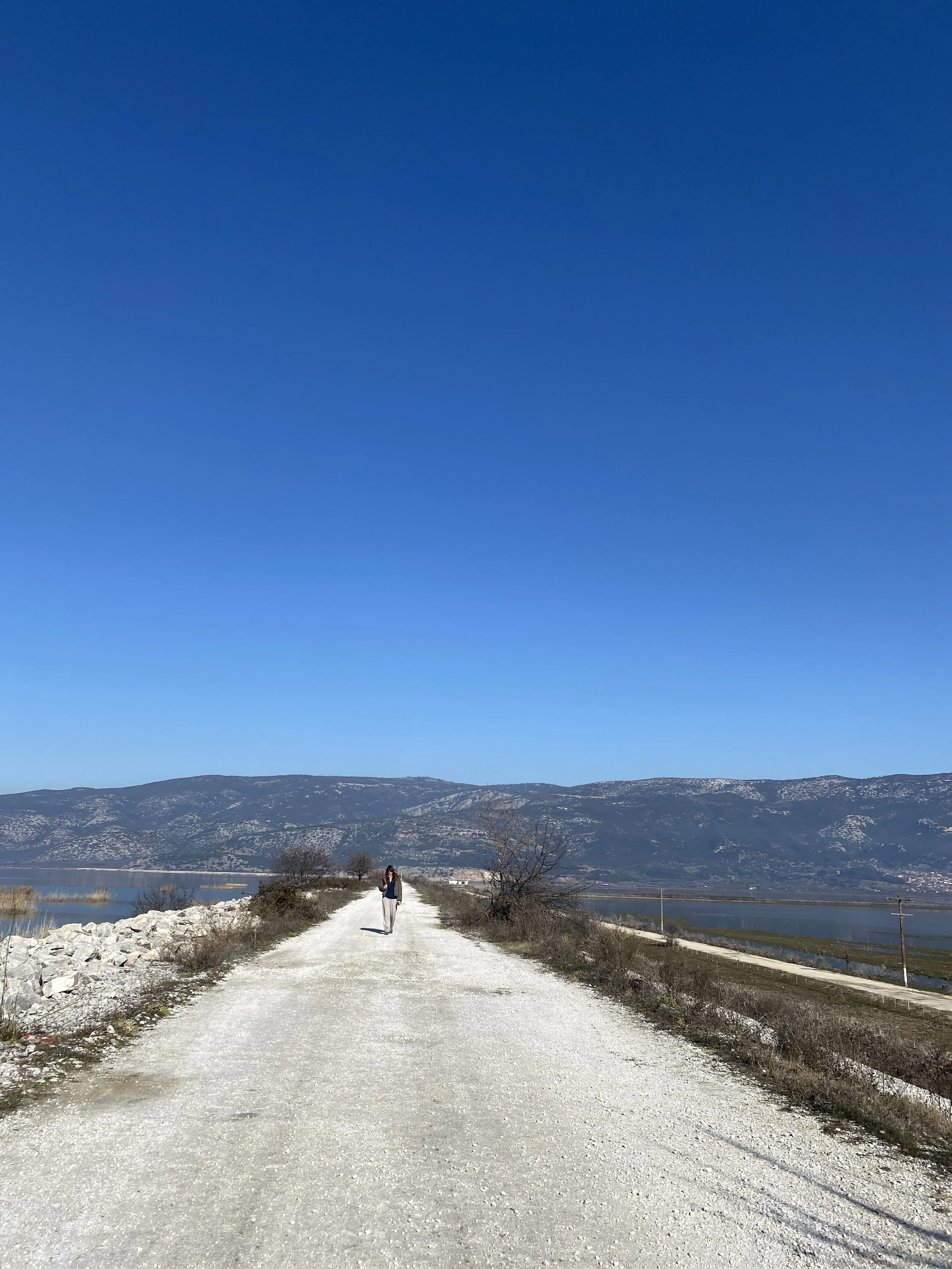 A person walking along a dirt path between a lake and open land, with mountains in the background and a clear blue sky above.