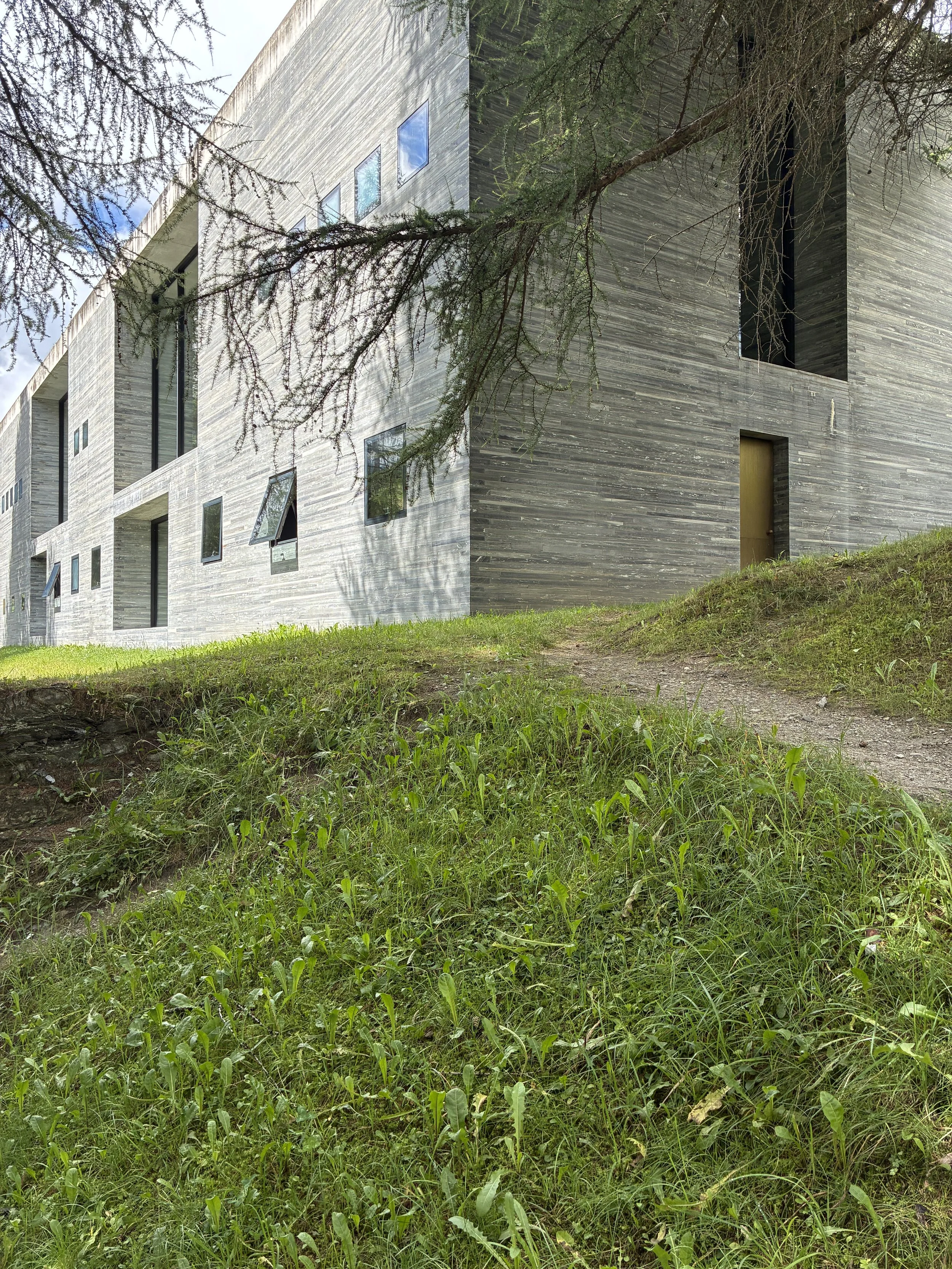 Modern building with gray stone exterior, multiple windows, and a narrow opening, surrounded by green grass and tree branches.