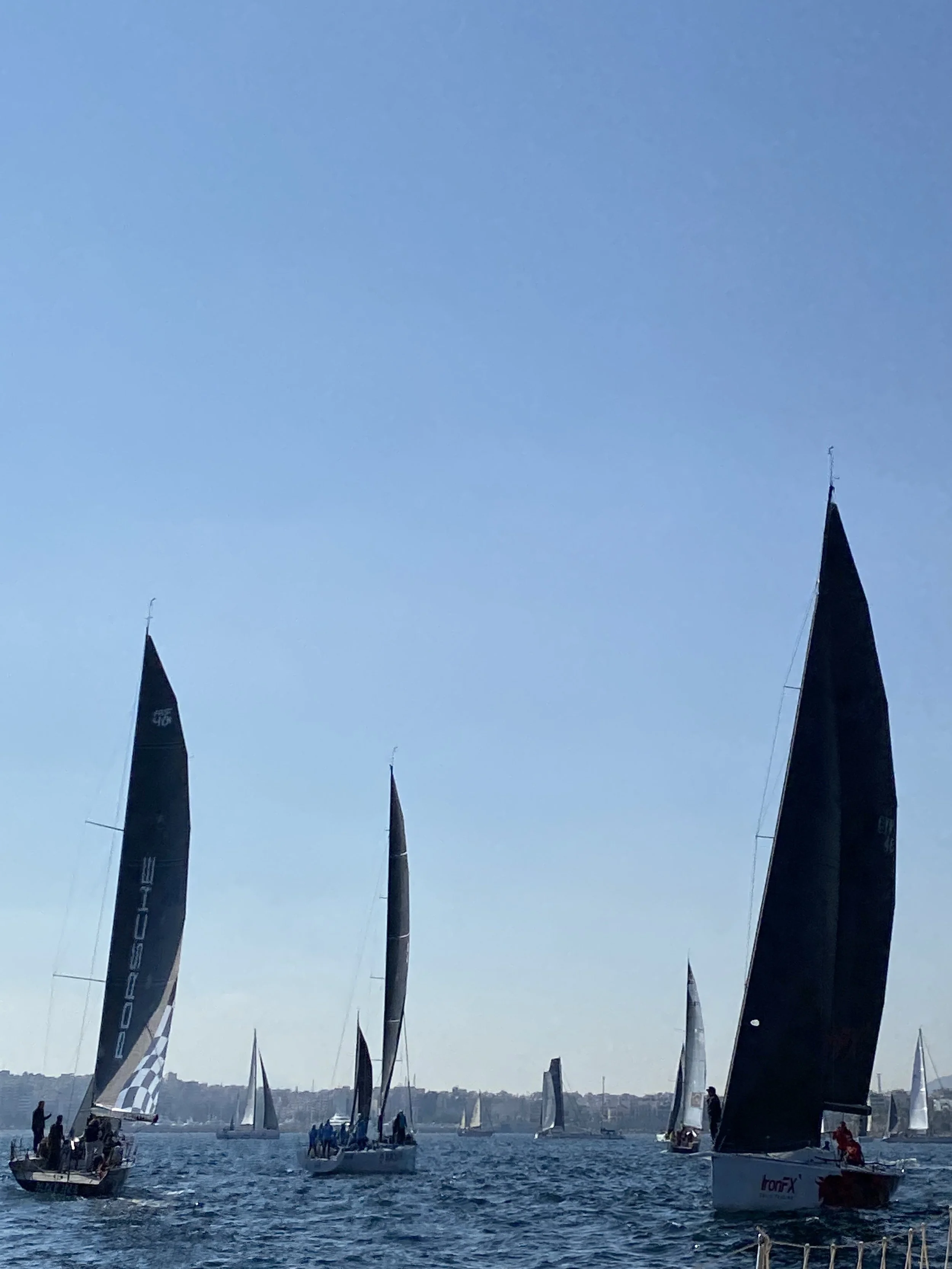 Multiple sailboats with black sails racing on the water during daytime, with a distant shoreline and clear blue sky in the background.