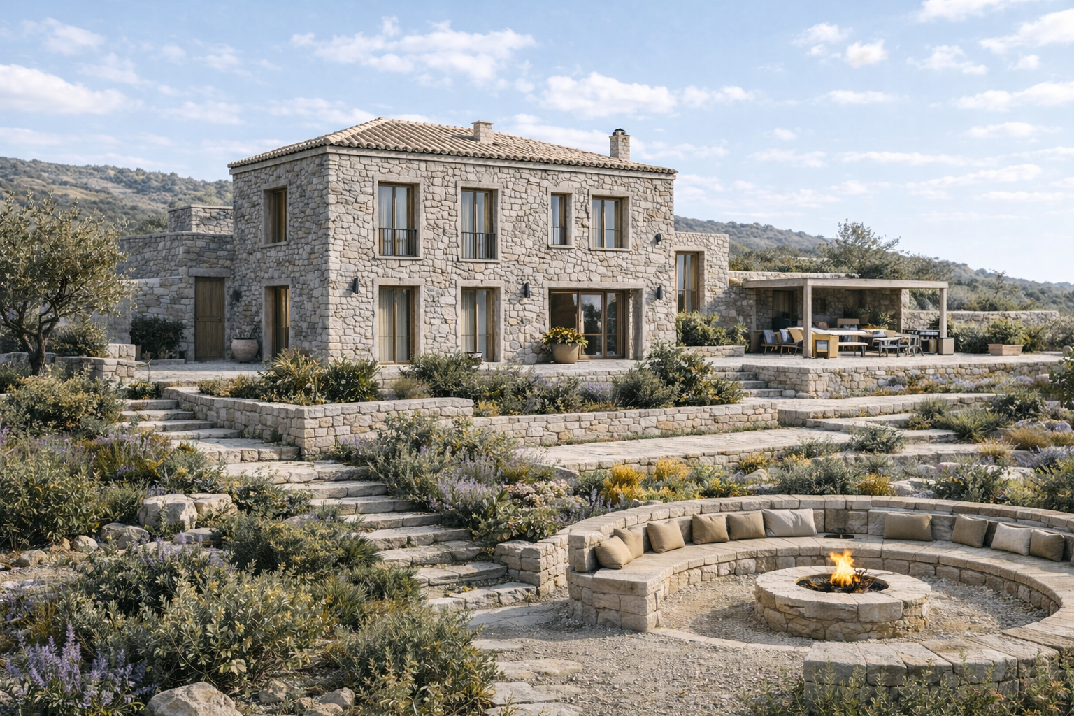 Mediterranean stone house with sunken lounge.png