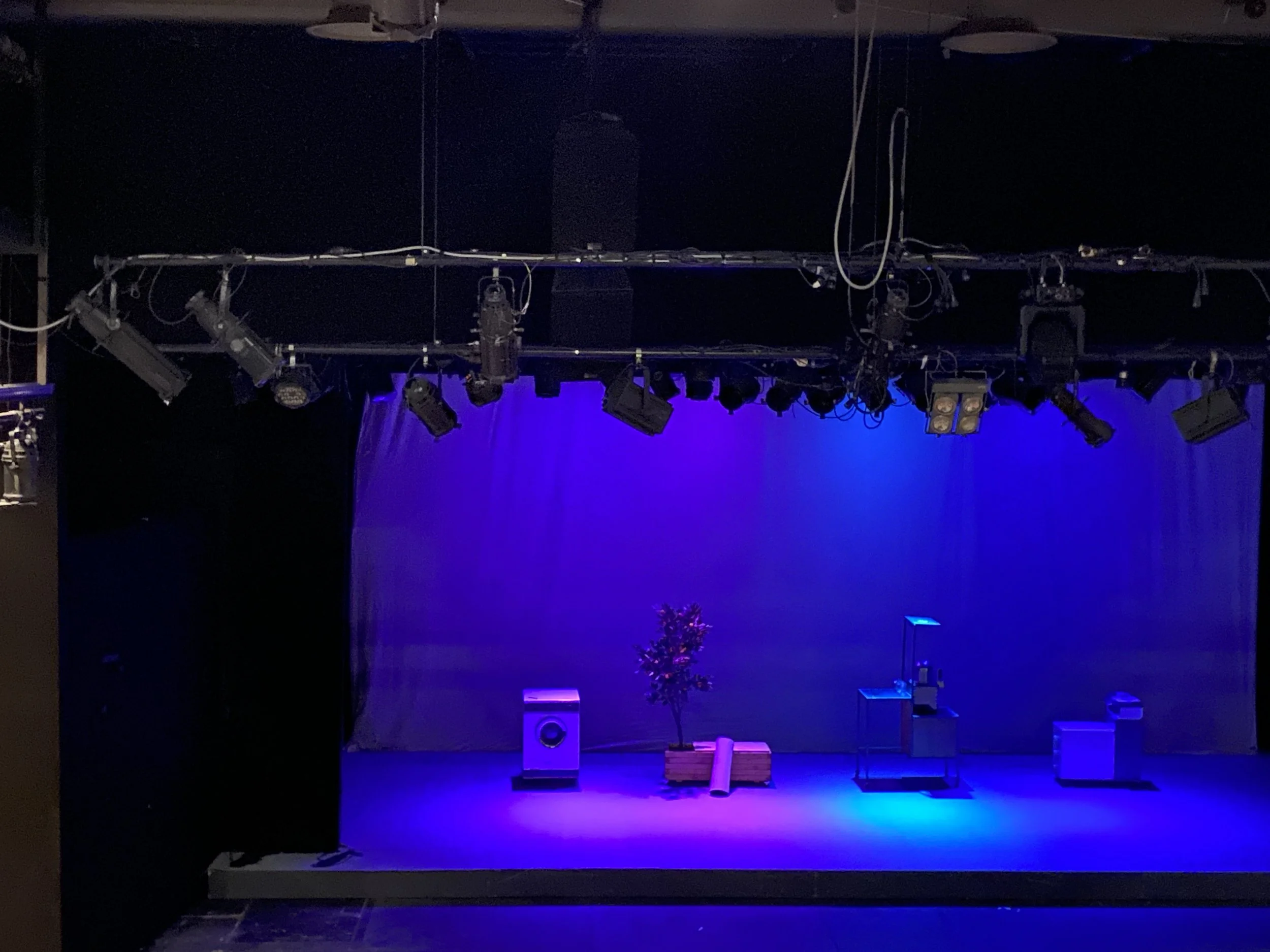 A stage with blue lighting, hanging spotlights, and stage equipment, with a potted plant and some boxes and objects on the stage floor.