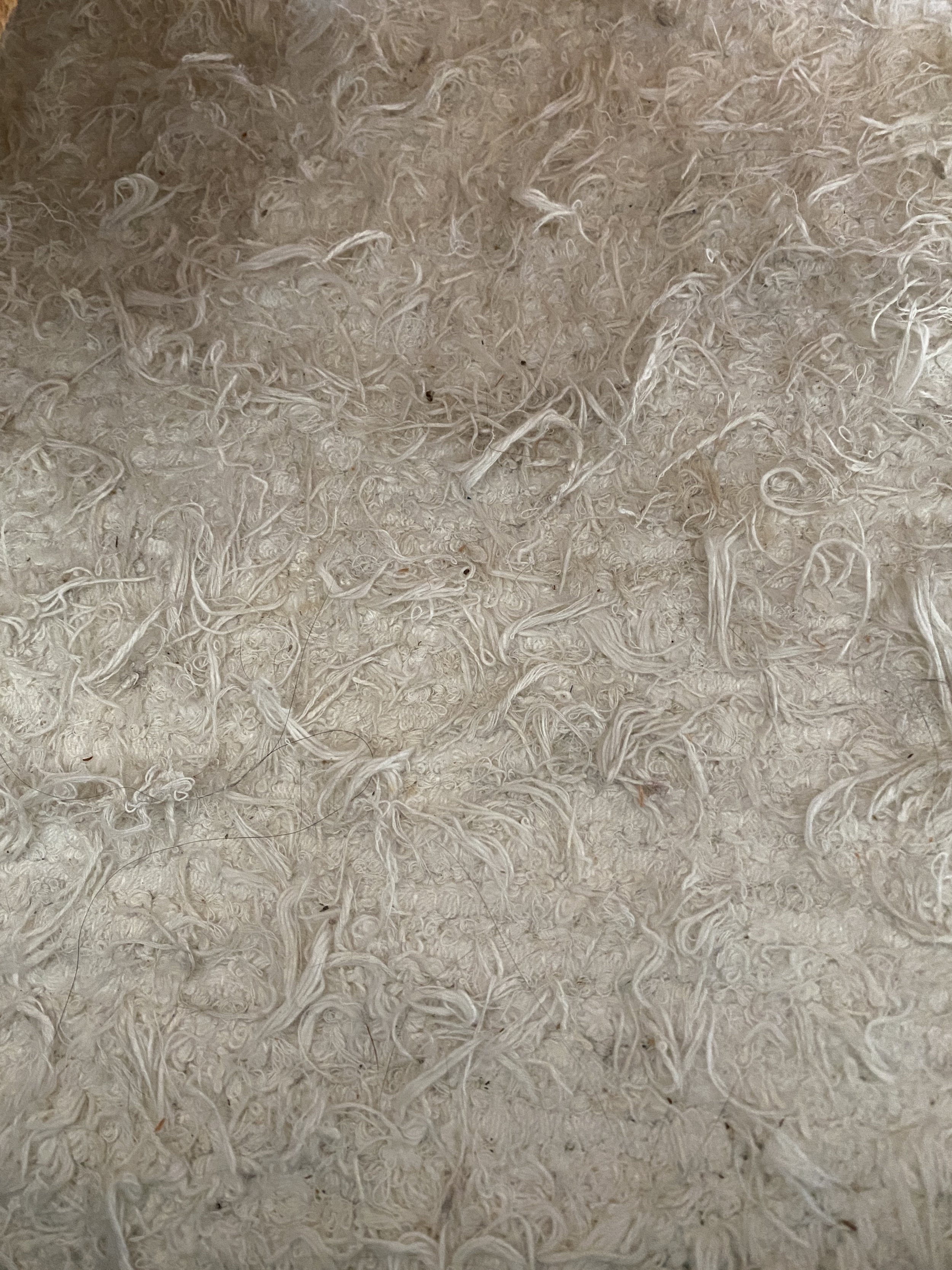 Close-up of shredded white fabric or material with tangled fibers.