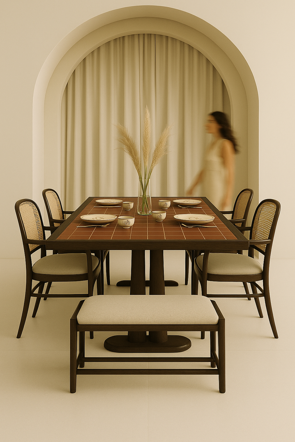 A dining room with a wooden table set with plates and bowls, six chairs around the table, a vase with pampas grass in the center, and a woman walking in the background.