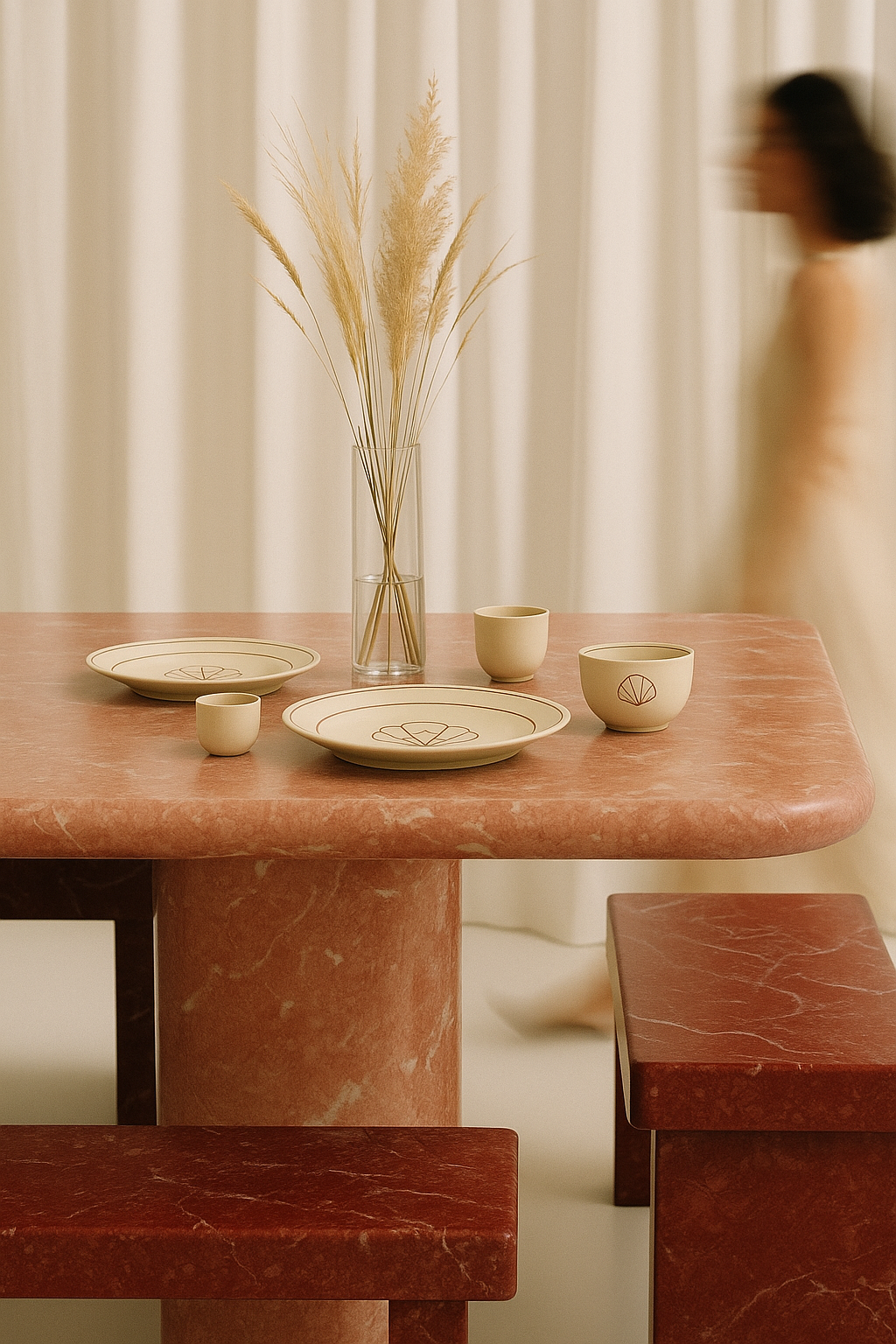 A pink marble dining table with matching stools set with cream-colored dishware and a tall glass vase with dried pampas grass, with a blurred woman in the background.