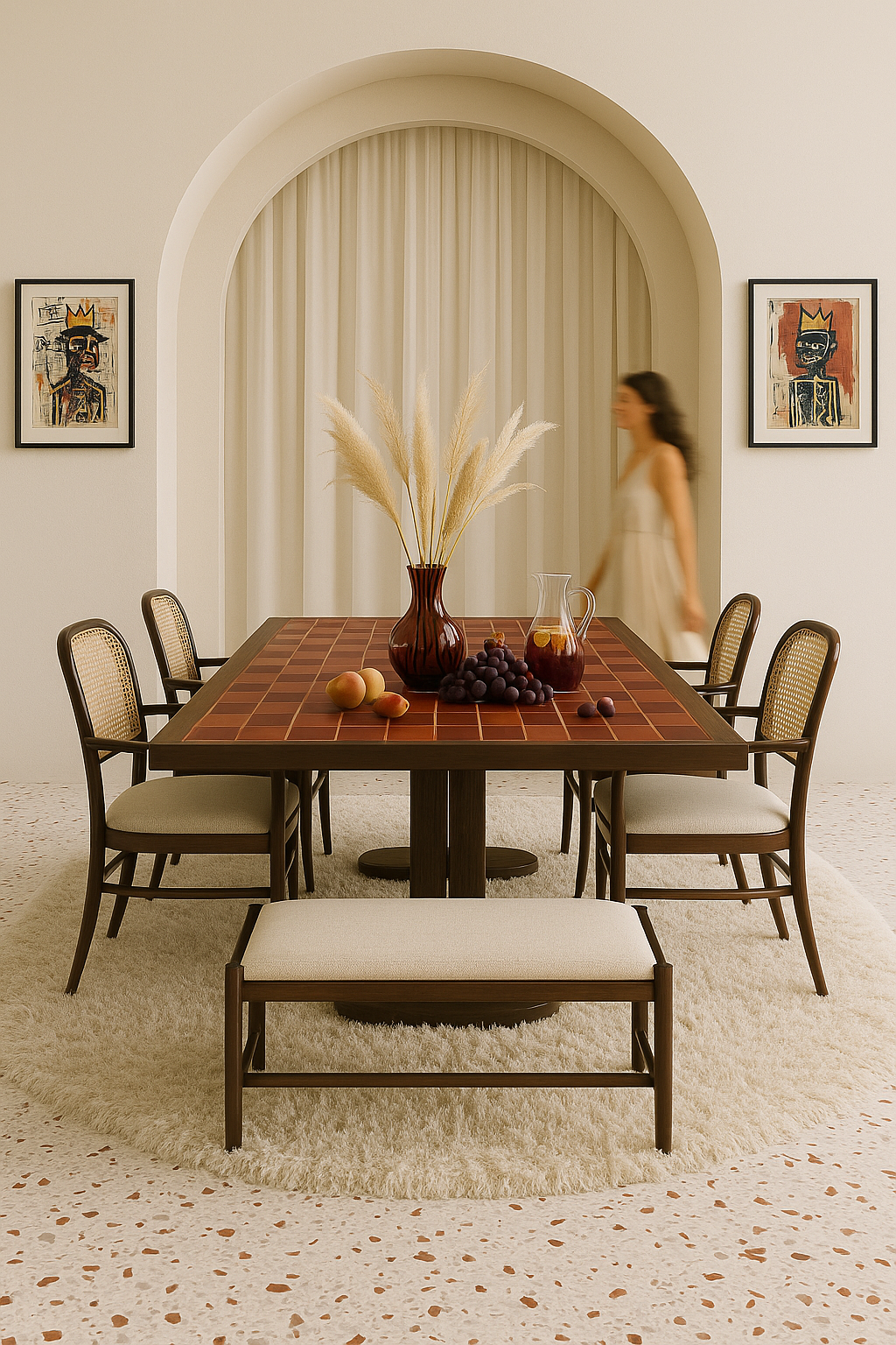 A dining room with a wooden table set on a round beige rug, decorated with a brown vase holding pampas grass, a glass pitcher filled with berry and lemon slices, and some fruits. There are six chairs around the table and a bench at one end. The backg