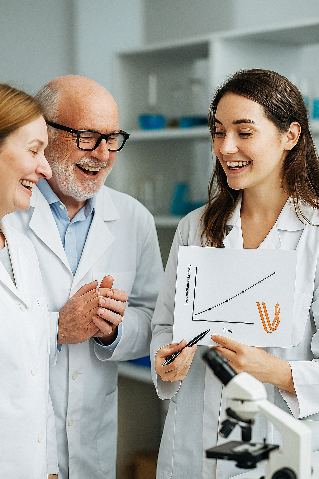 Three scientists discussing a graph showing increasing transfection over time.
