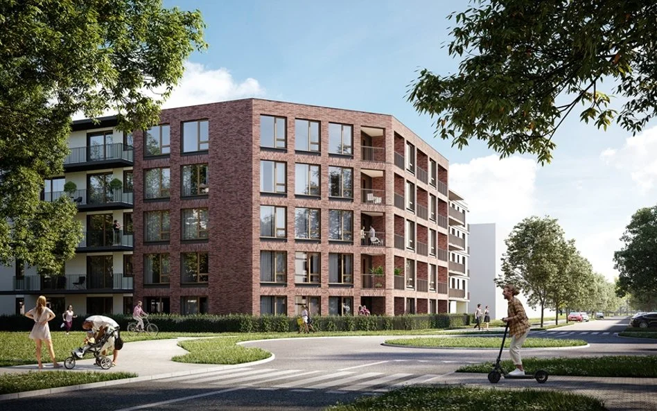 A modern residential apartment building with a brick facade, multiple floors, and balconies. The surrounding area features green lawns, trees, and people engaging in outdoor activities like walking, riding scooters, and enjoying the weather.