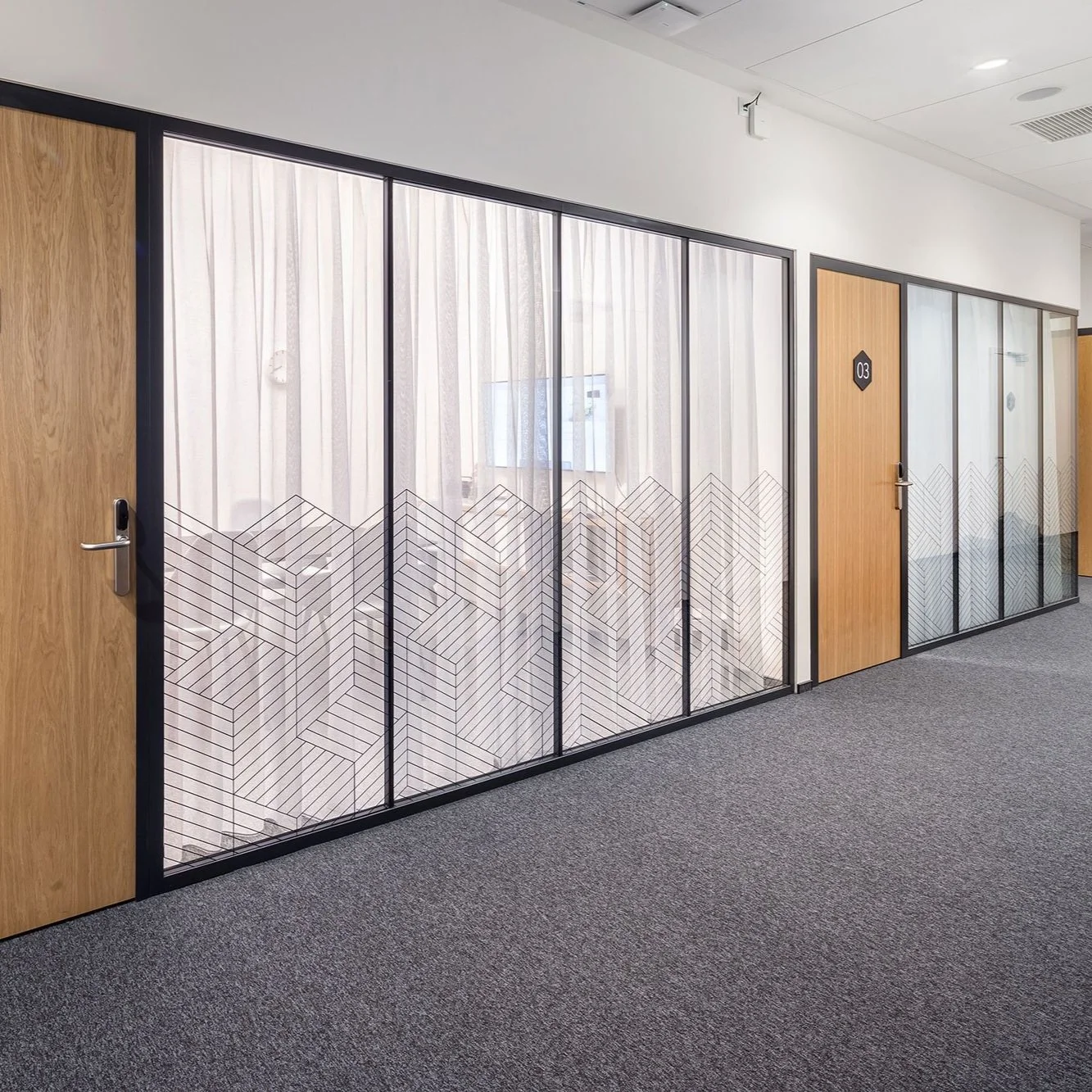 Interior office corridor with wooden doors and glass partitions, one door with a black hexagonal sign numbered 03, grey carpeted floor, white ceiling with recessed lighting and a security camera.