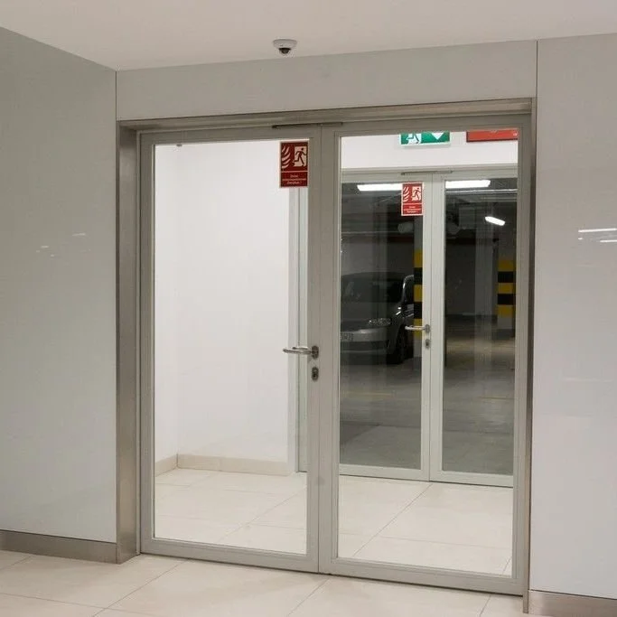 Interior view of glass sliding doors leading to a parking garage with a car visible through the glass.