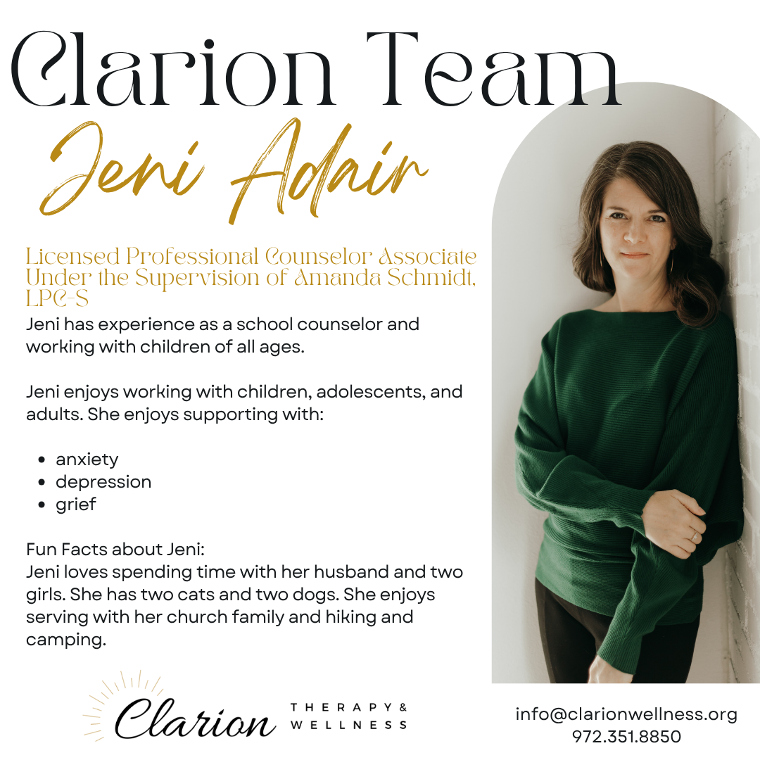 Professional profile image and introductory text about Jeni Adair, a licensed counselor, with contact information for Clarion Therapy & Wellness.