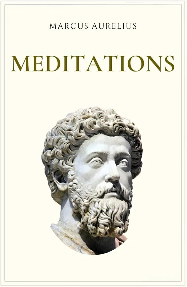 Book cover titled 'Meditations' by Marcus Aurelius, featuring a bust of an ancient Roman man with curly hair and a beard.