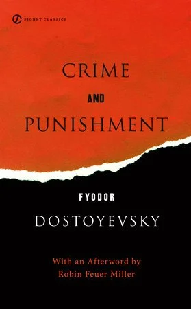Book cover for 'Crime and Punishment' by Fyodor Dostoevsky, with an afterword by Robin Feuer Miller, featuring a red and black background.