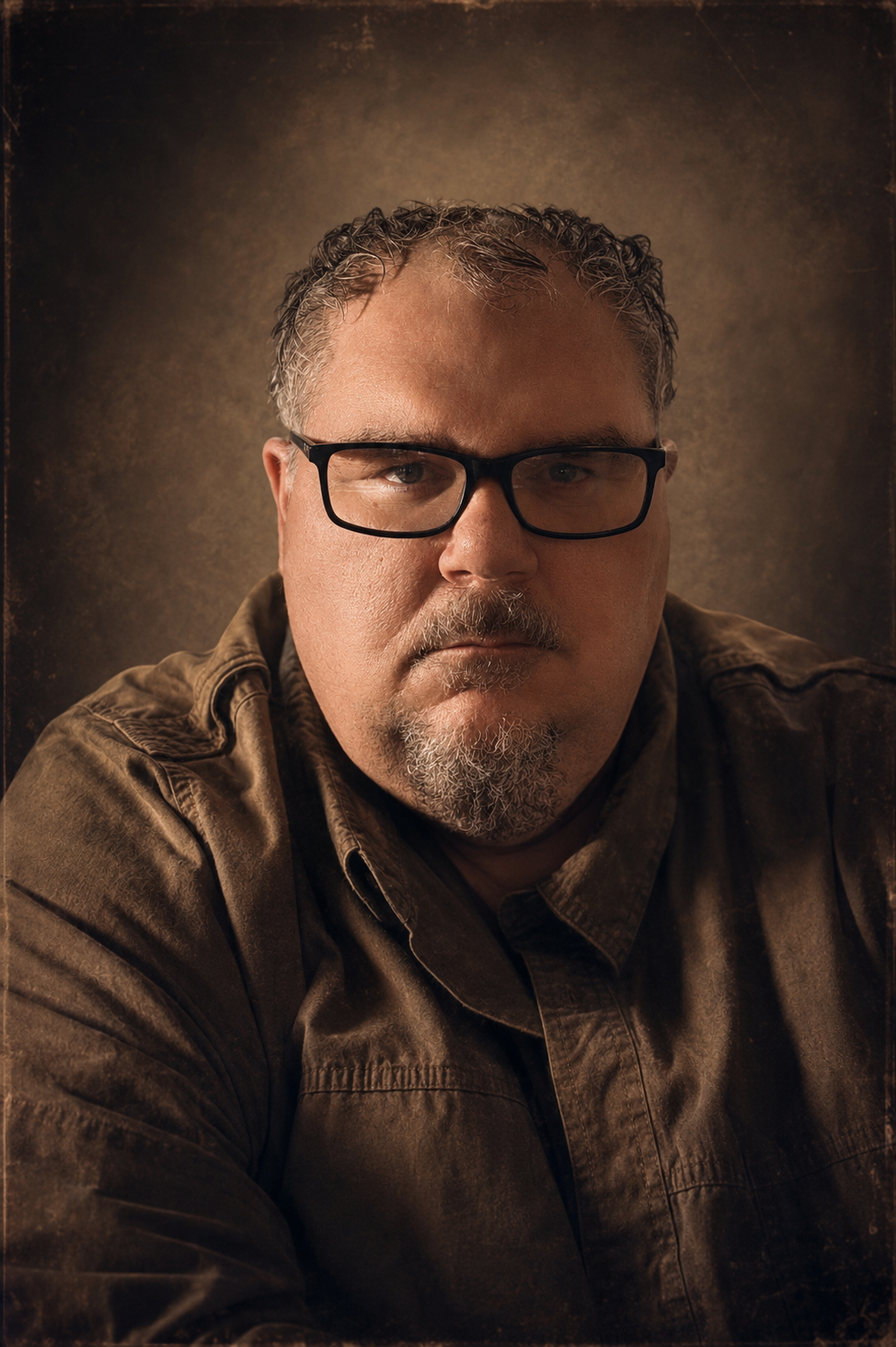 Portrait of a middle-aged man with glasses, short curly hair, a goatee, wearing a brown shirt, looking serious, with a dark textured background.
