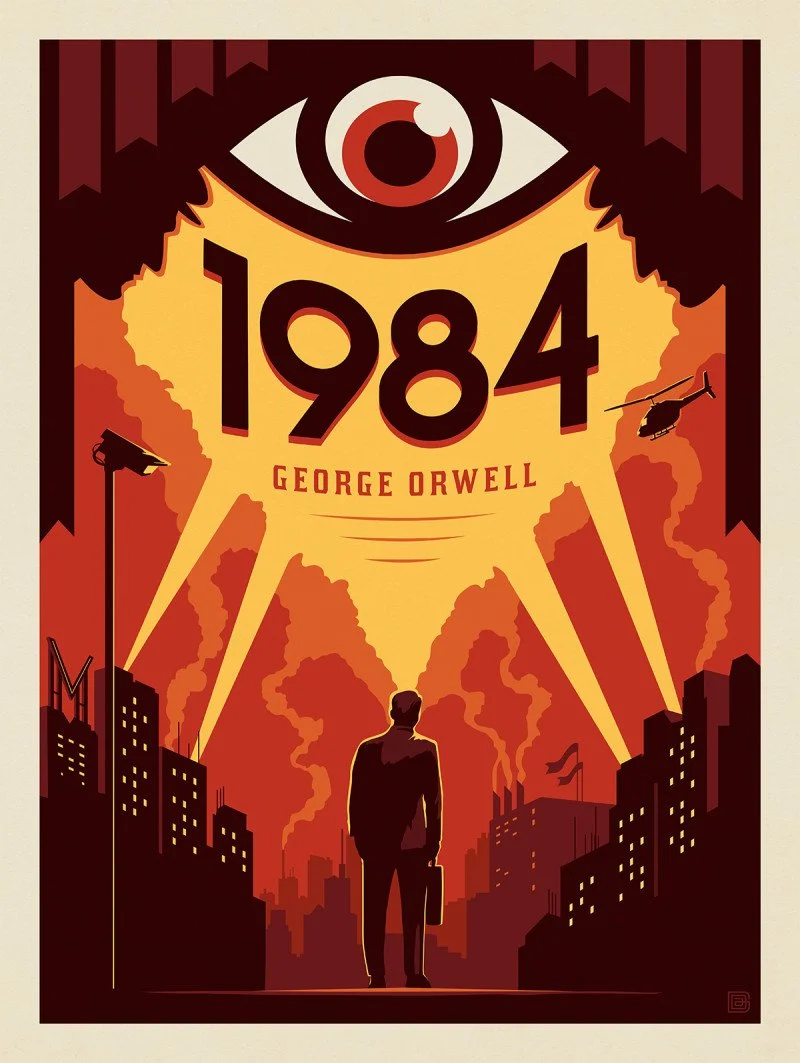 Stylized poster for George Orwell's '1984' featuring a man in a suit holding a briefcase, standing in a cityscape with smoky skies, surveillance camera, helicopter, and large eye with searchlights and numbers '1984' at the top.