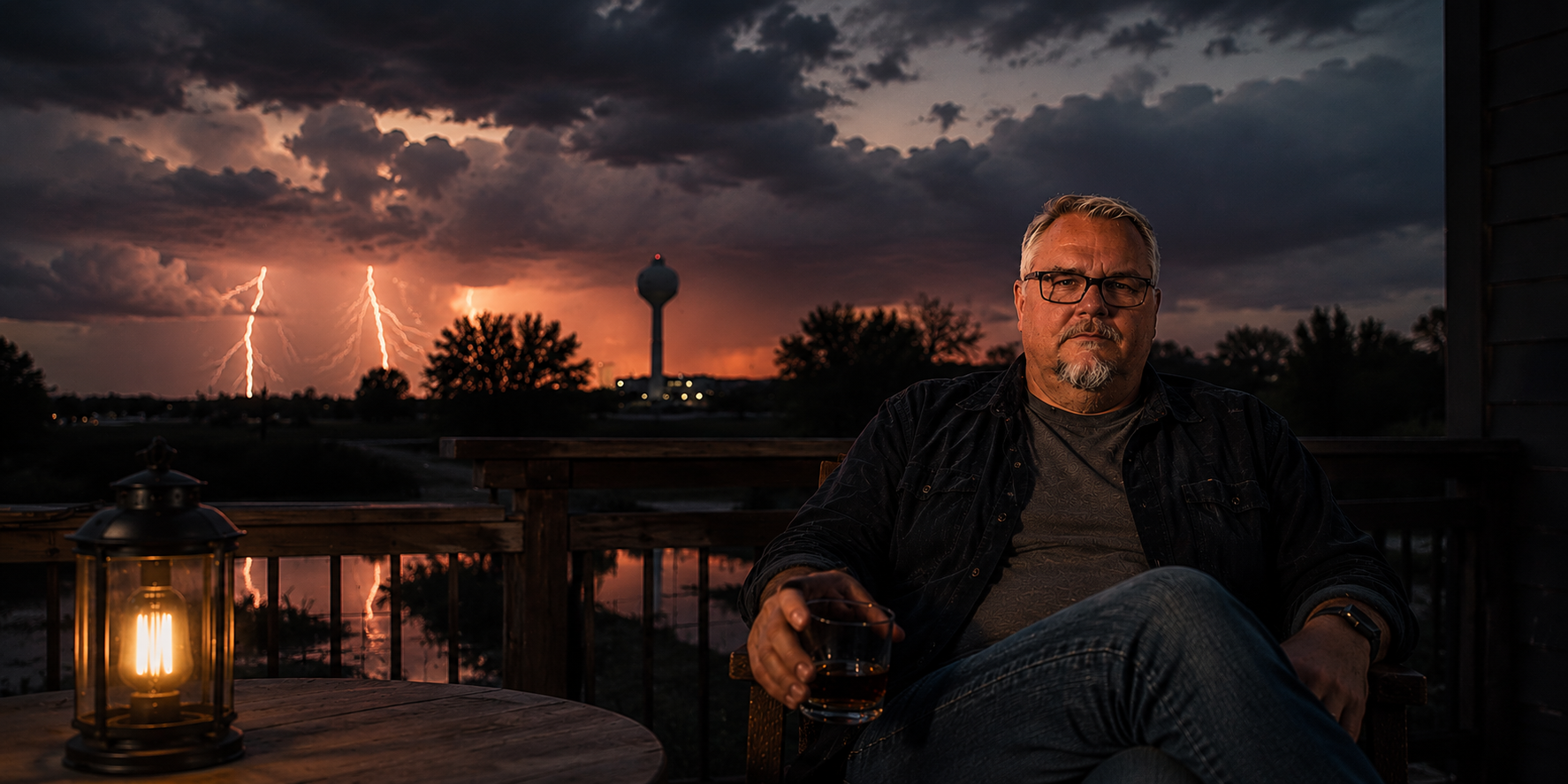 A man sitting outside on a porch during a thunderstorm at sunset, holding a glass of dark beverage, with a lit lantern on the table in front of him.