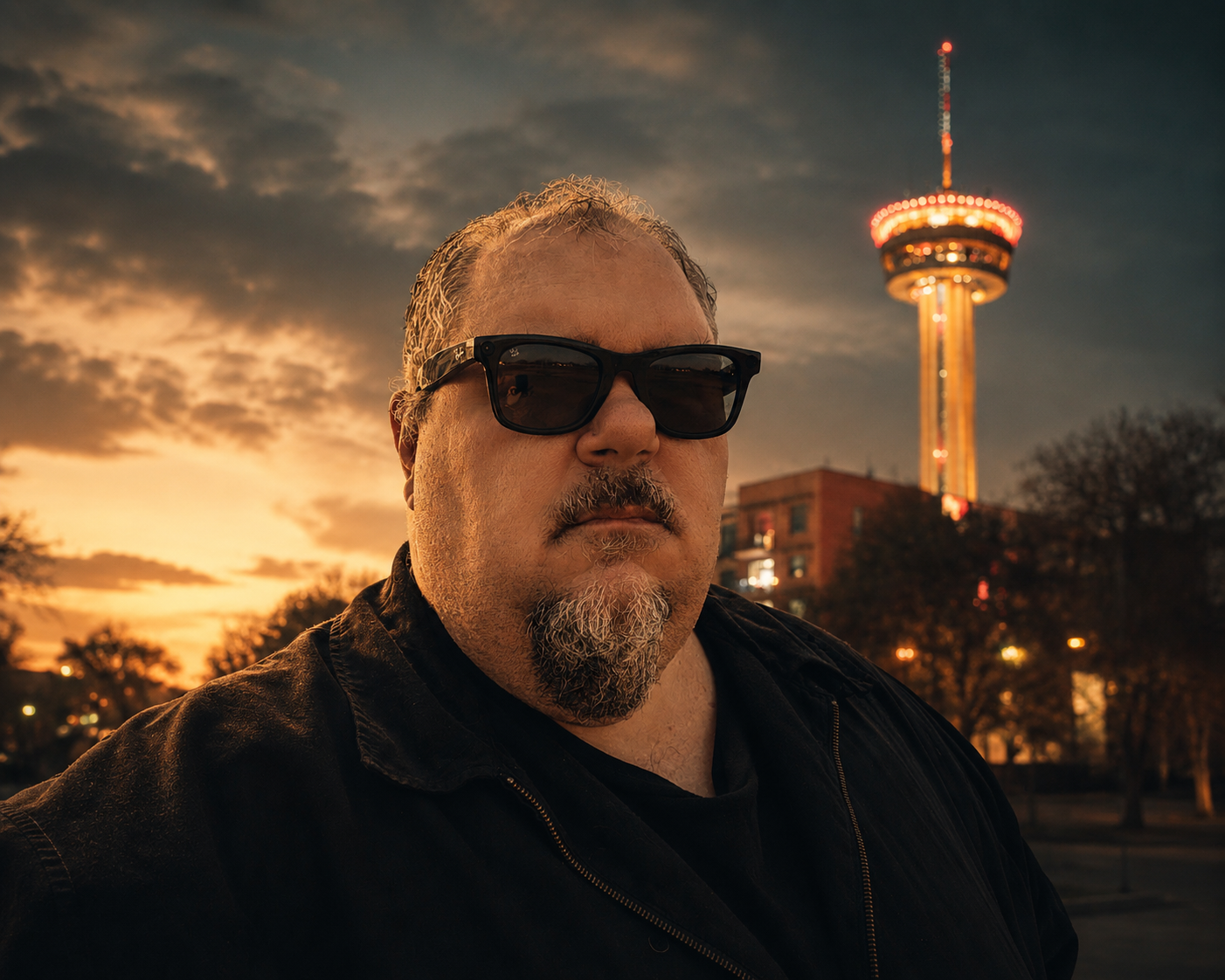 A man with sunglasses and a goatee takes a selfie during sunset with a tall, lit-up tower in the background.