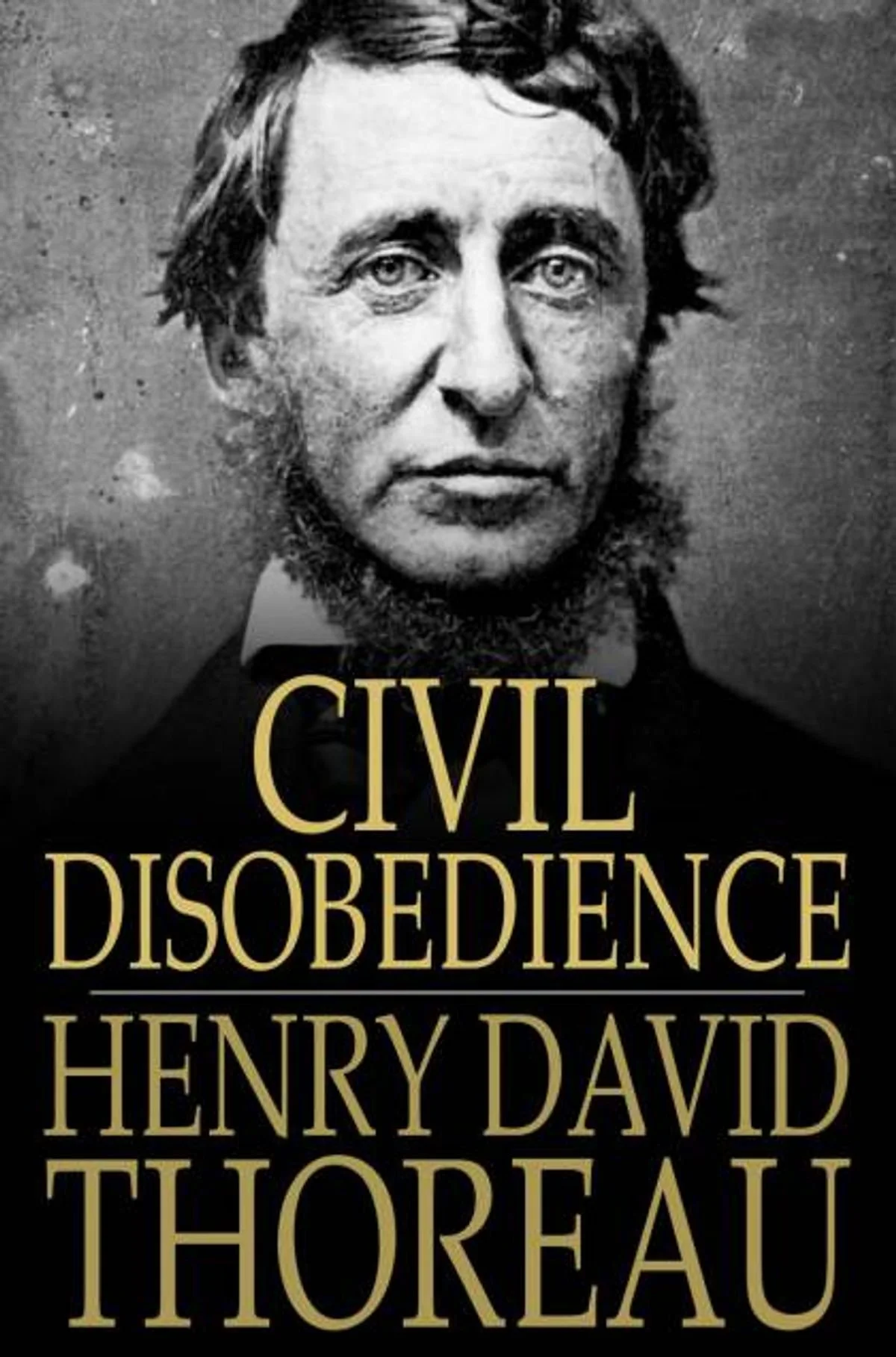 Black and white cover photo of Henry David Thoreau with text reading "Civil Disobedience" and his name.