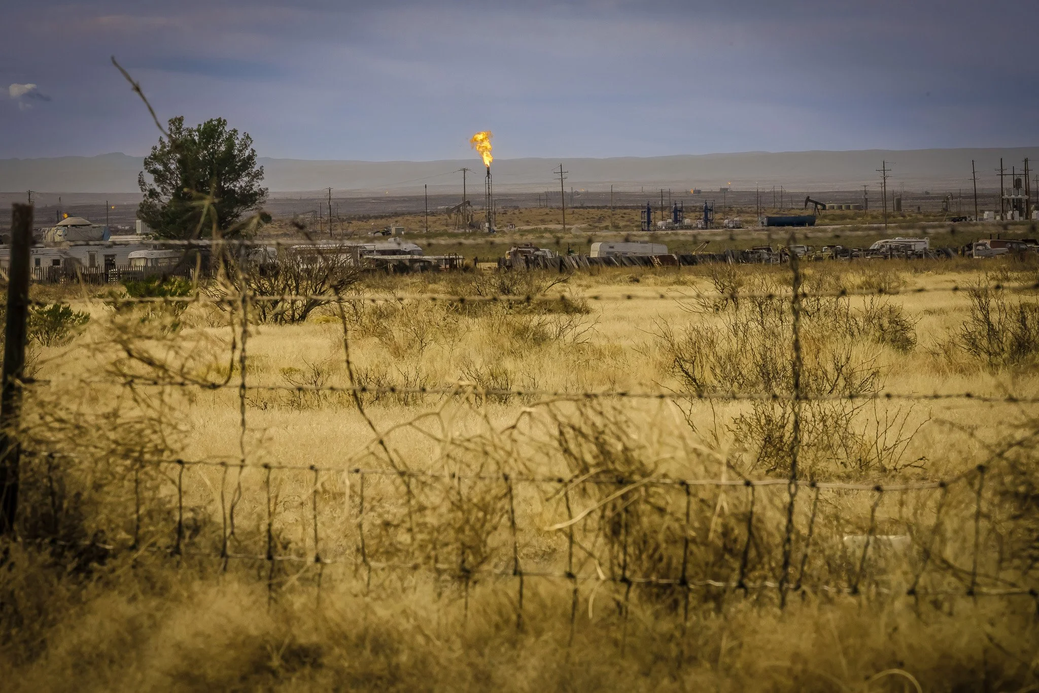 A desert landscape with dry grass, a barbed wire fence in the foreground, scattered trees, and an oil or gas well with a tall flare emitting fire in the distance. Utility poles and oil pumps are also visible.