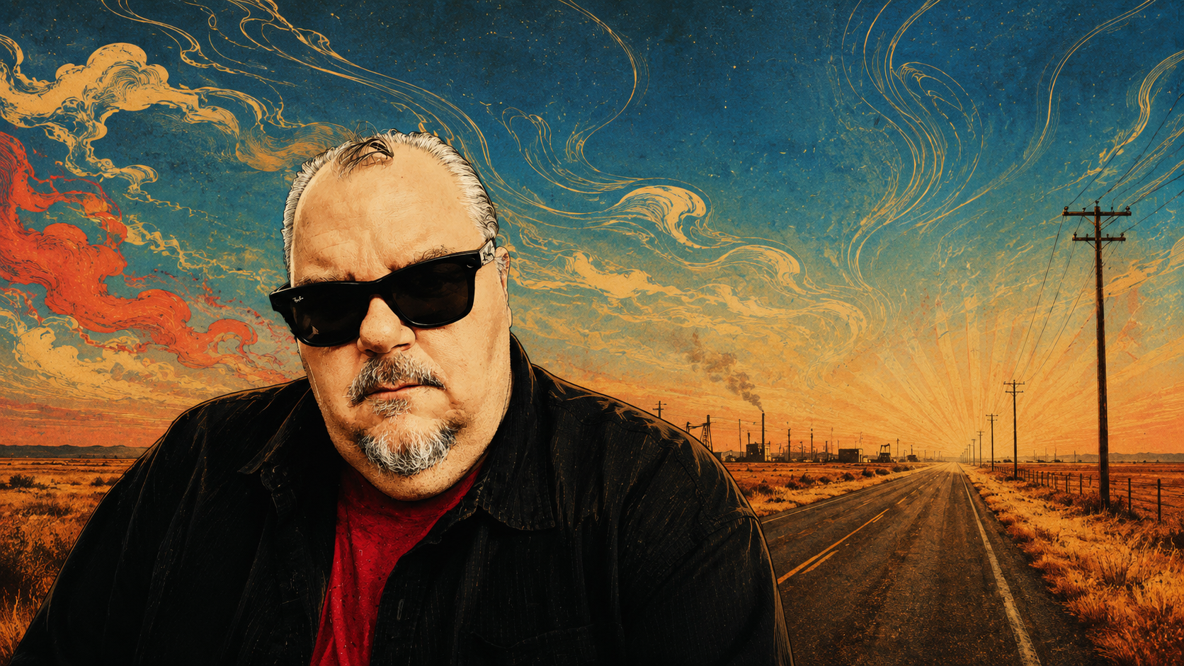 A man with sunglasses and a goatee posing in front of a stylized sunset or sunrise over a desert road with power lines, oil rigs, and smoke in the background.