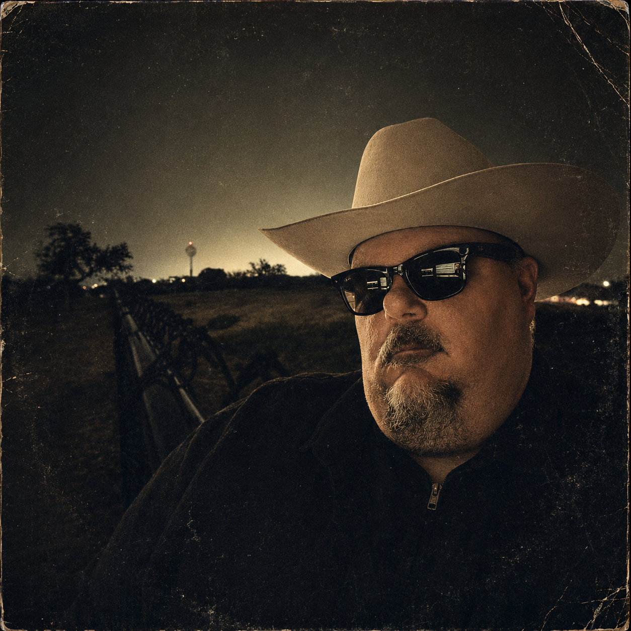 A man wearing a white cowboy hat and sunglasses takes a selfie outdoors at night, with a dark sky, faint city lights, and a silhouette of trees and a water tower in the background.