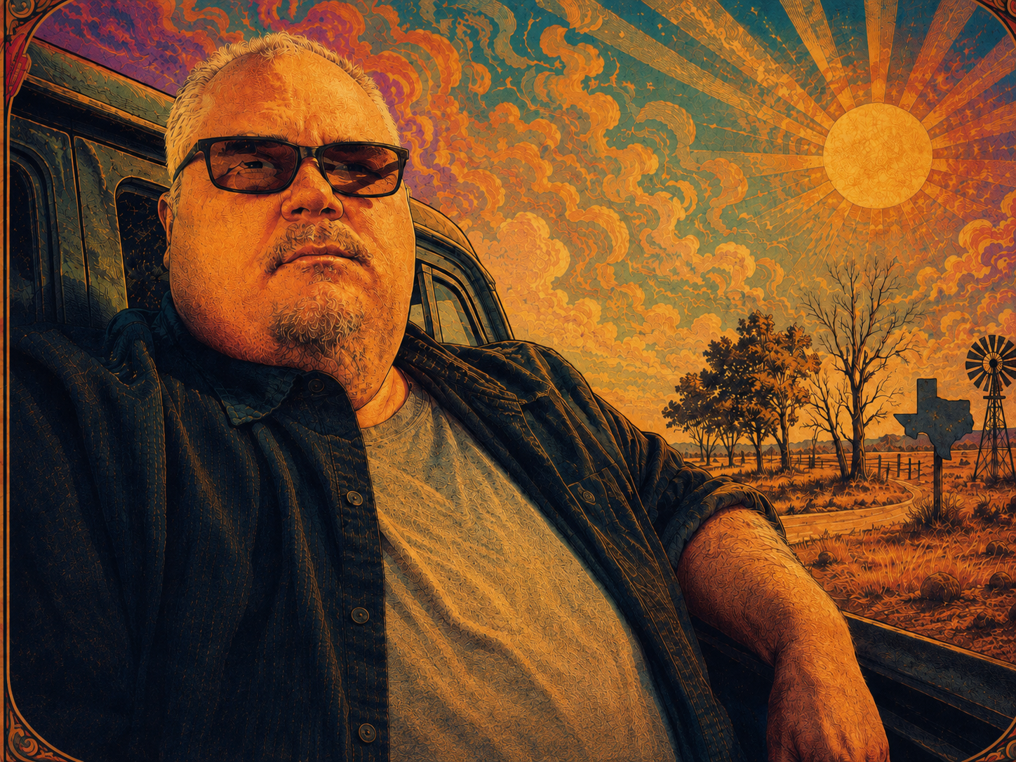 A man with gray hair and facial hair wearing sunglasses, sitting in the bed of a truck against a stylized orange sunset sky with clouds, trees, a windmill, and a Texas sign in the background.