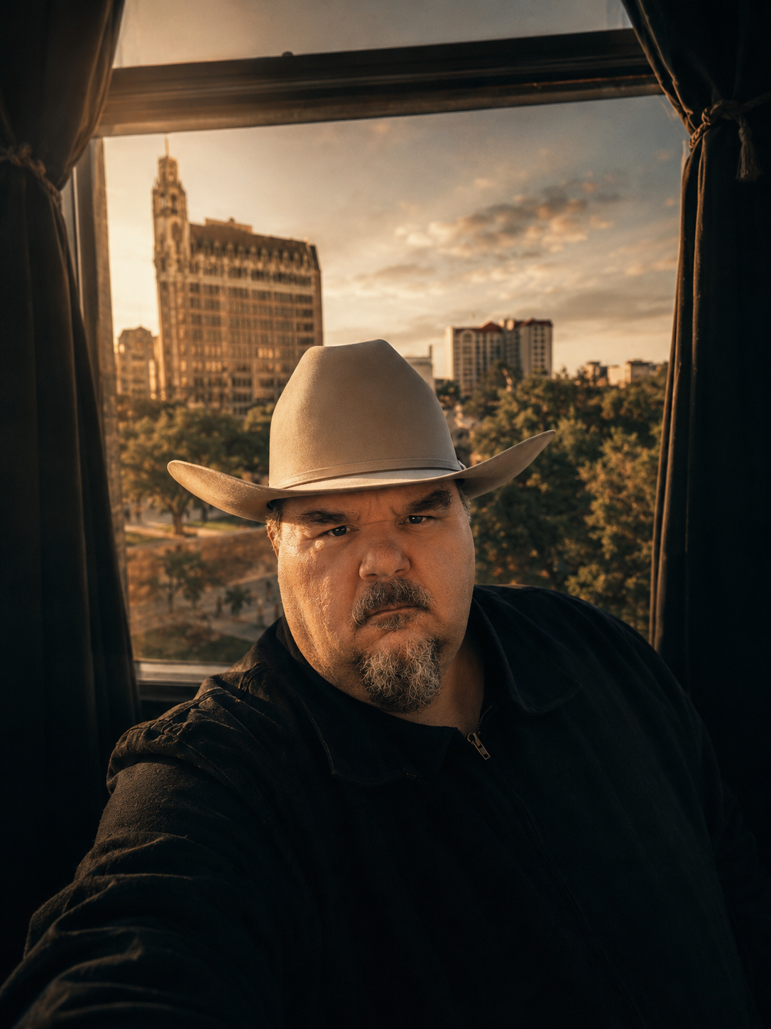 A man with a serious expression wearing a cowboy hat and black jacket takes a selfie in front of a window with buildings and trees visible outside during sunset.