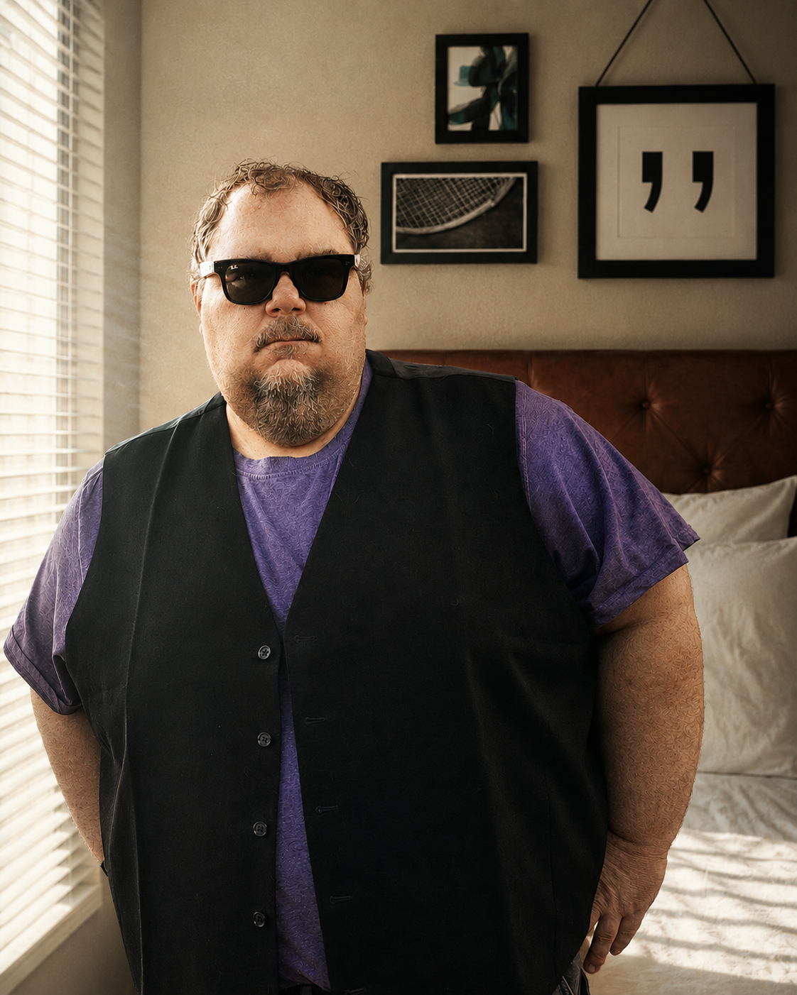 A man with a beard and sunglasses standing in a bedroom, wearing a purple shirt and black vest, with framed artwork on the wall behind him.